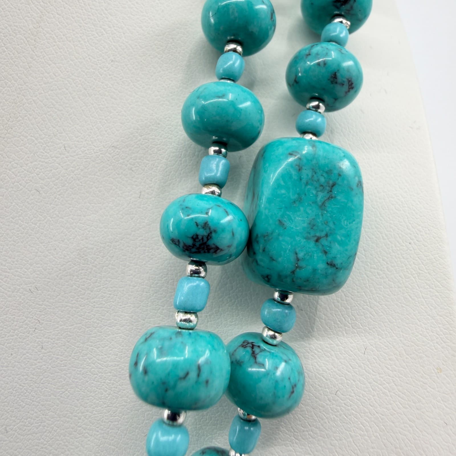 Vintage Silver Tone Simulated Turquoise Multi Strand Chunky Bead Necklace Boho - Thumbnail 7