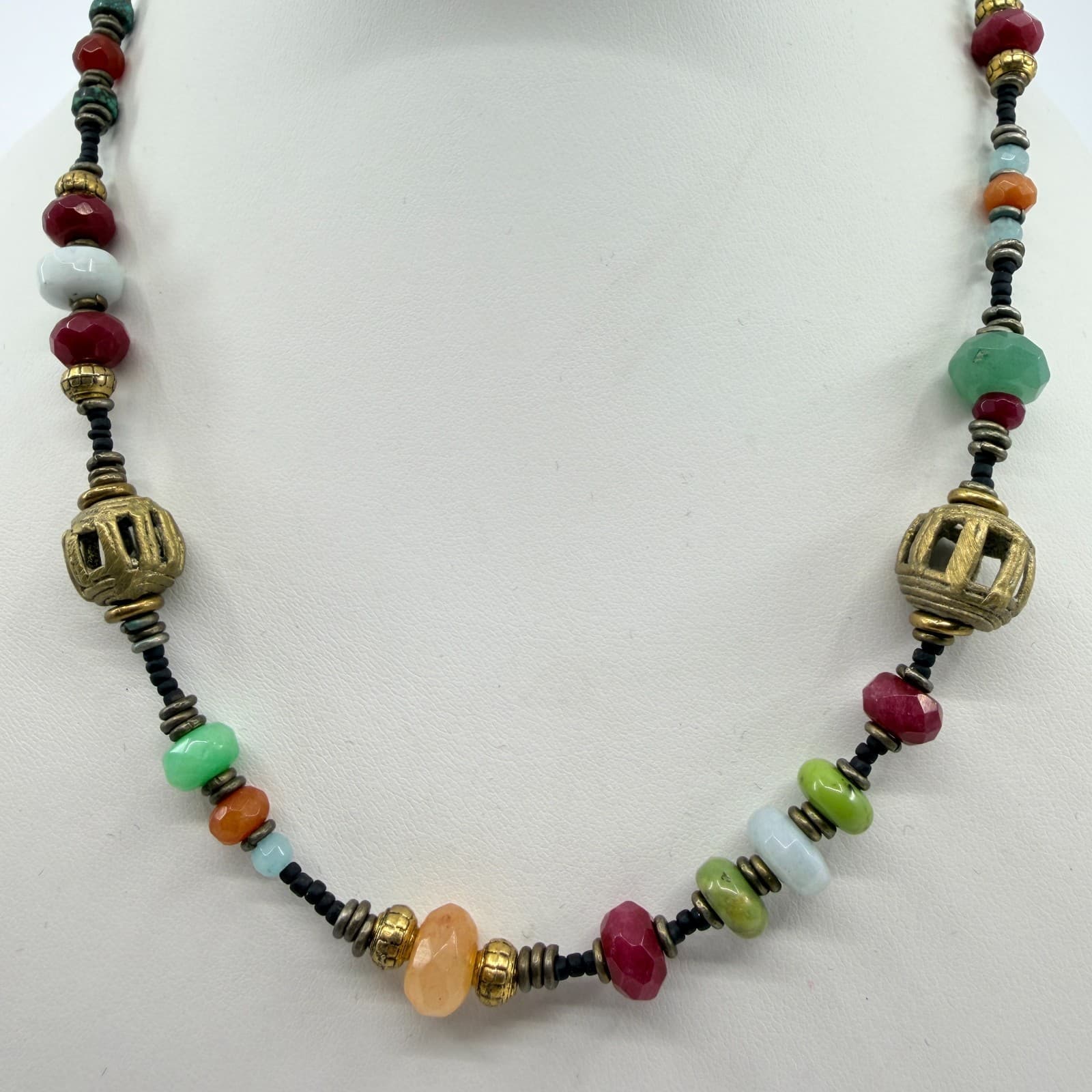 Vintage Gold Tone Multi Color Faceted Bead Cage Bead Necklace Boho Retro Ornate - Thumbnail 2