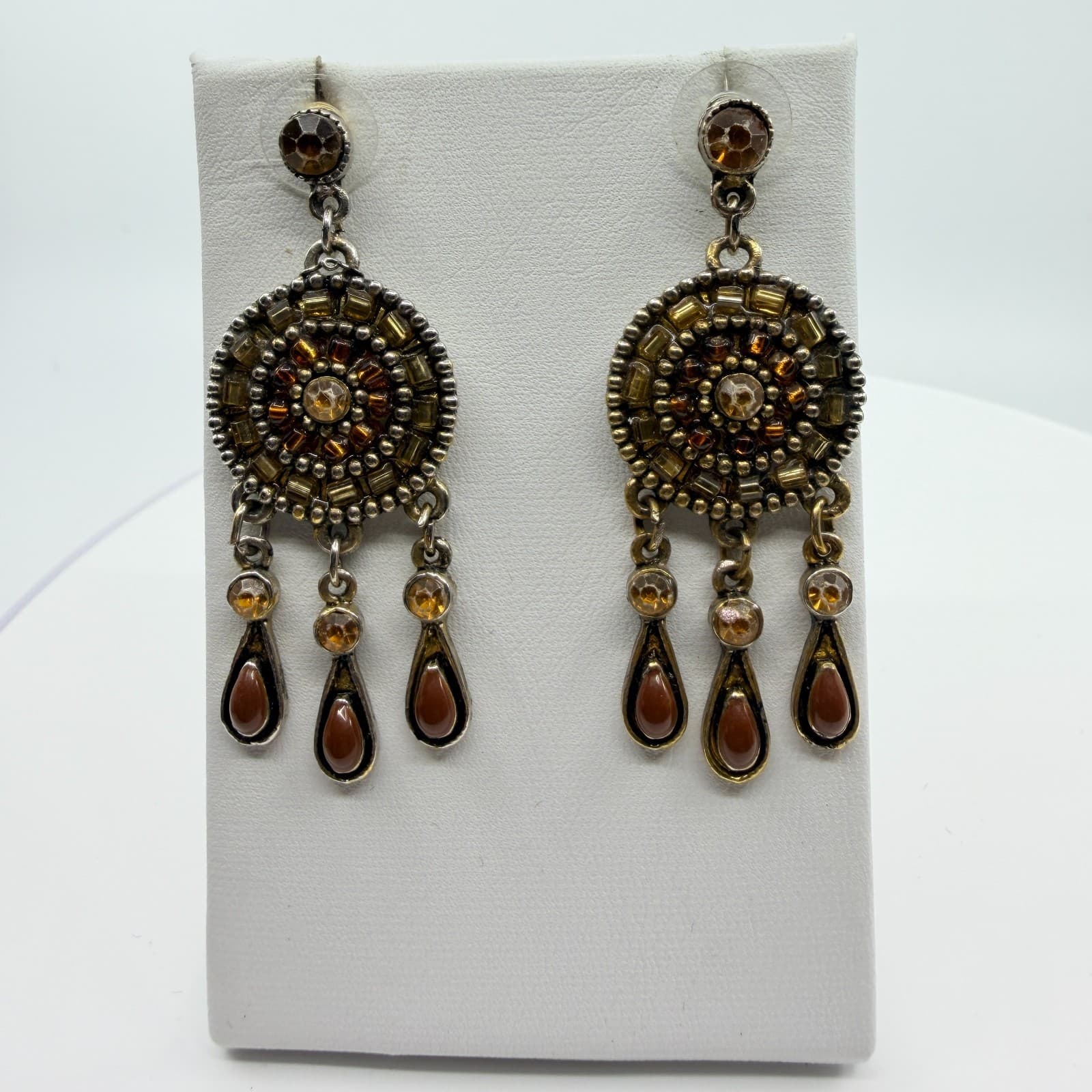 Vintage Silver Tone Amber Color Crystal Seed Bead Mandala Drop Earrings Boho Mod - Thumbnail 6