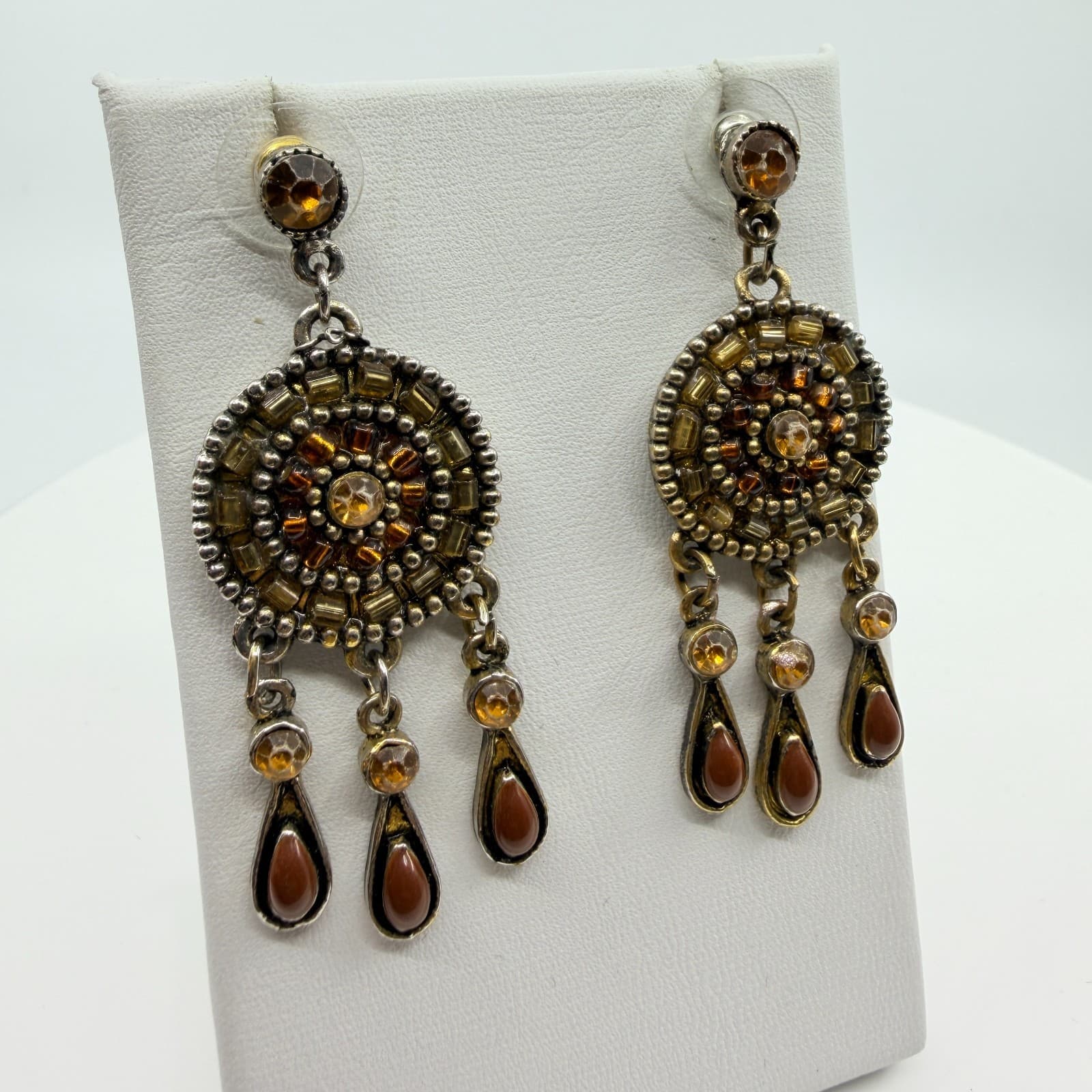 Vintage Silver Tone Amber Color Crystal Seed Bead Mandala Drop Earrings Boho Mod - Thumbnail 2