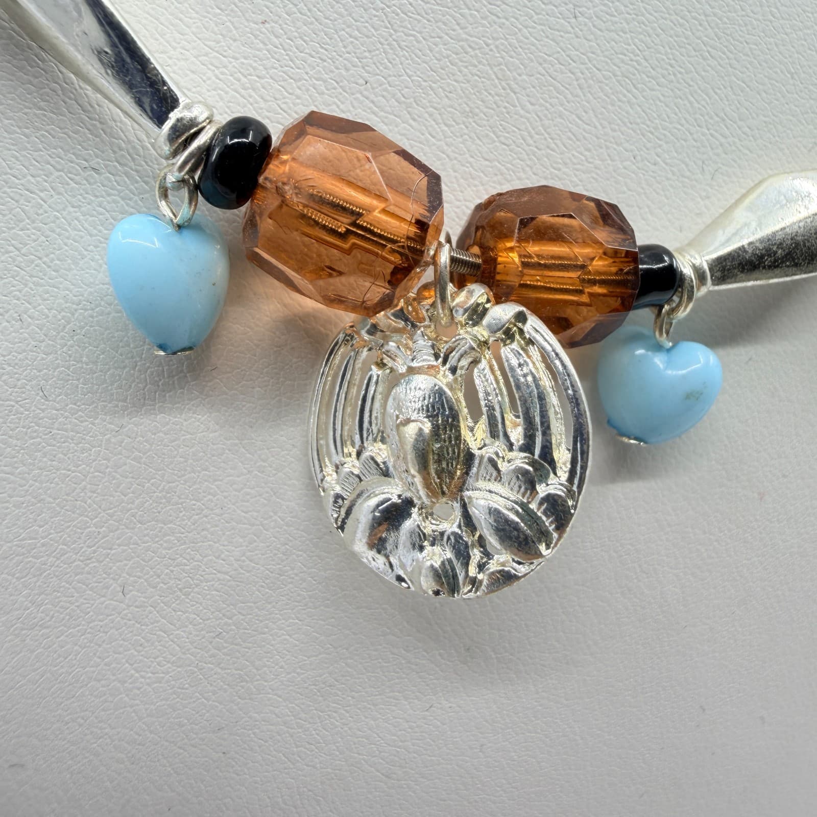 Vintage Silver Tone Multi Charm Tube Bead Necklace Amber Tone Blue Crystal Retro - Thumbnail 7