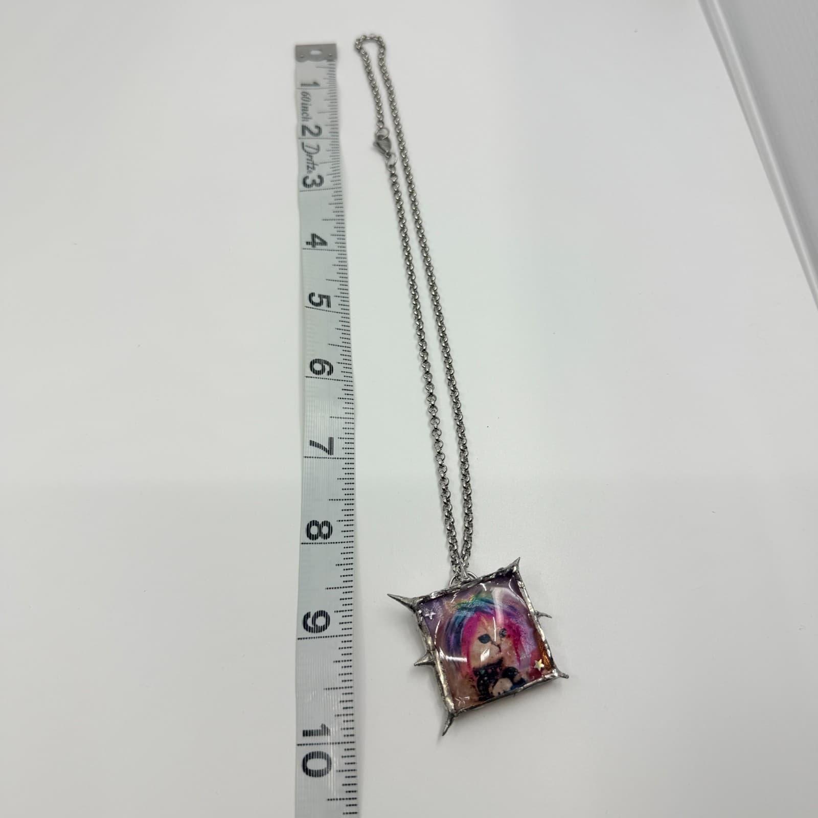 Vintage Silver Tone BJD Doll Photo Pendant Necklace Spike Thorn Retro Grunge 90s - Thumbnail 3