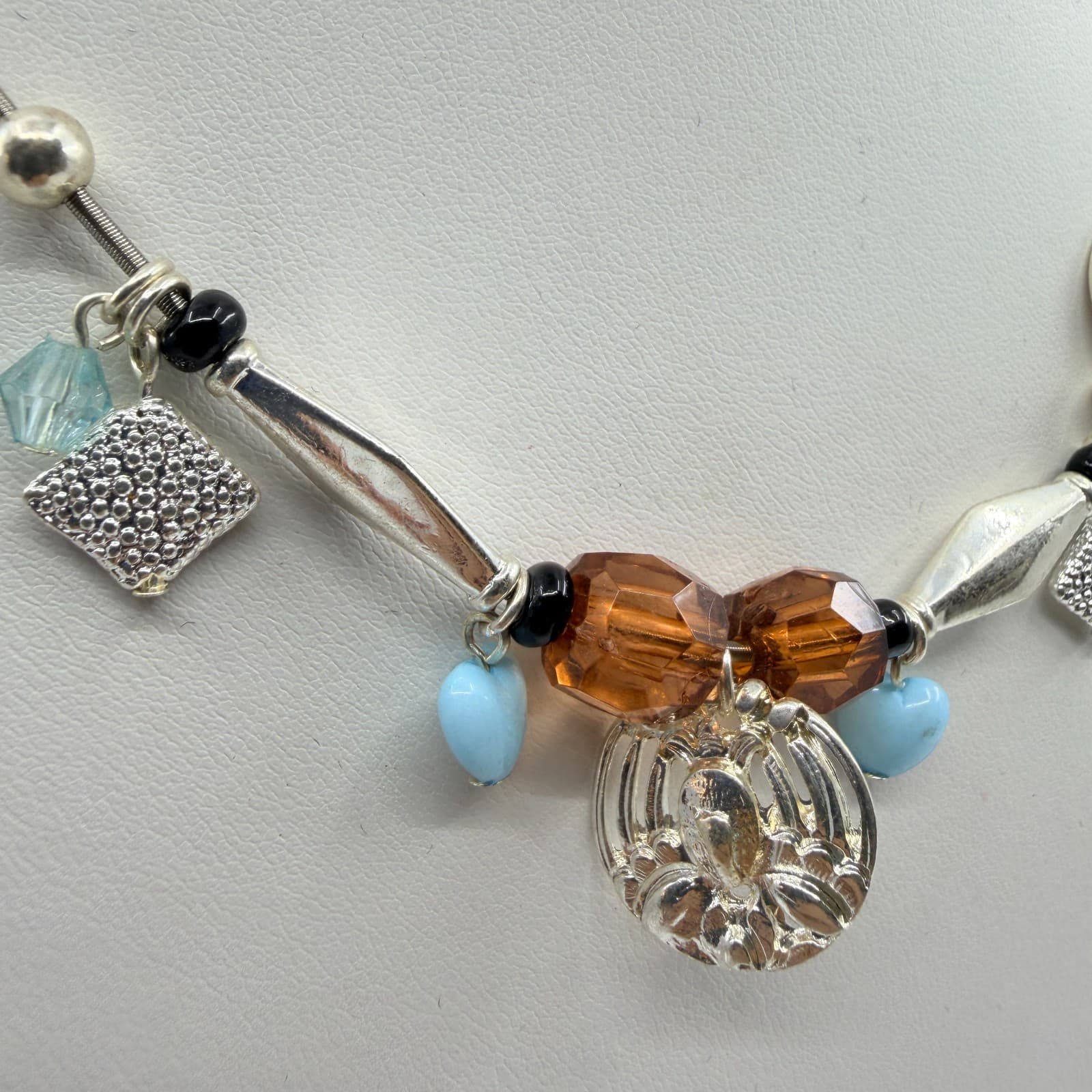 Vintage Silver Tone Multi Charm Tube Bead Necklace Amber Tone Blue Crystal Retro - Thumbnail 3