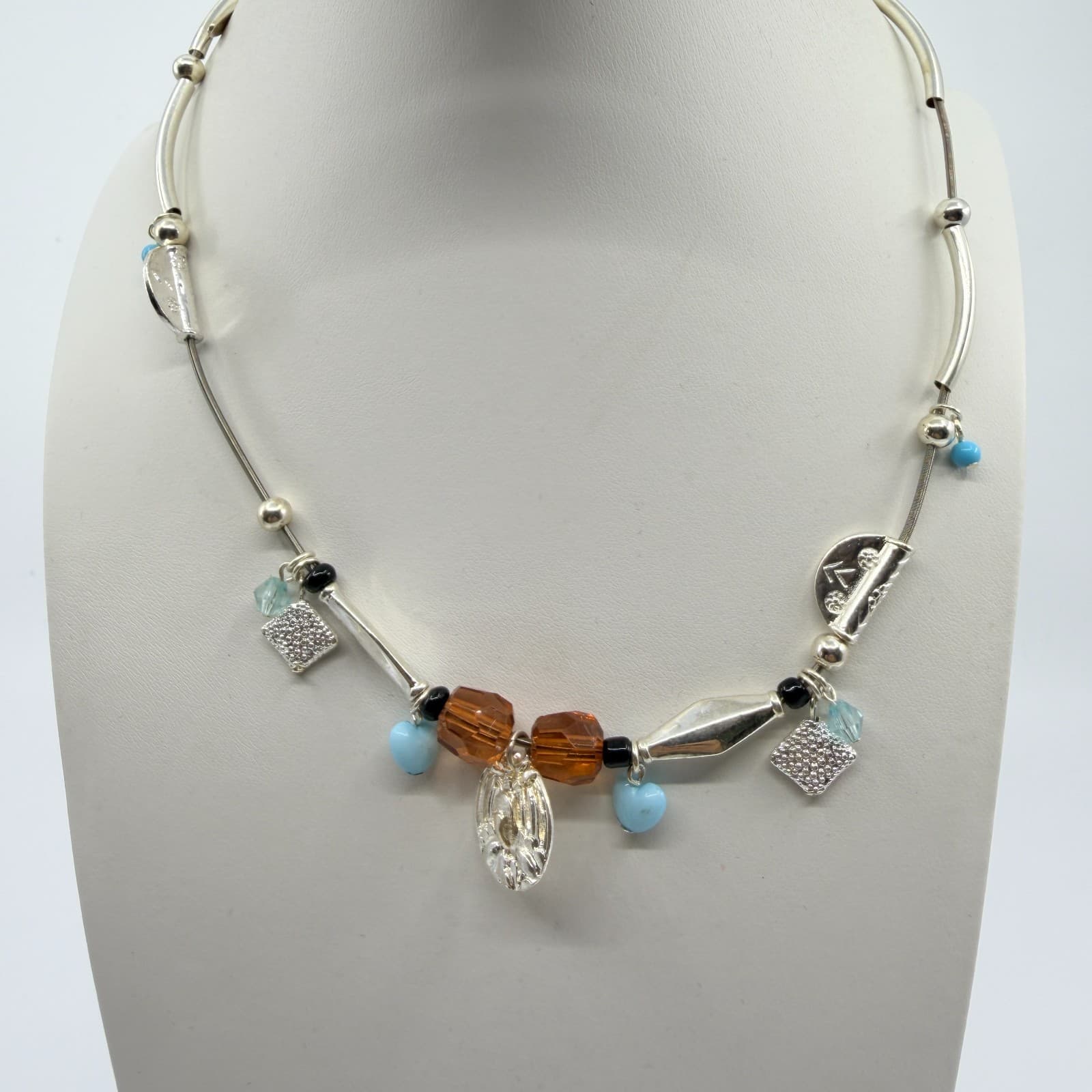 Vintage Silver Tone Multi Charm Tube Bead Necklace Amber Tone Blue Crystal Retro - Thumbnail 6