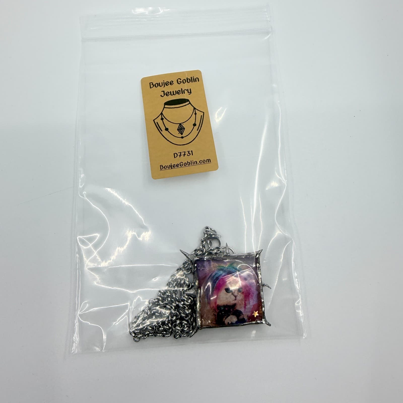 Vintage Silver Tone Pink Hair Cat Photo Pendant Necklace Spike Thorn Retro Y2K - Thumbnail 8