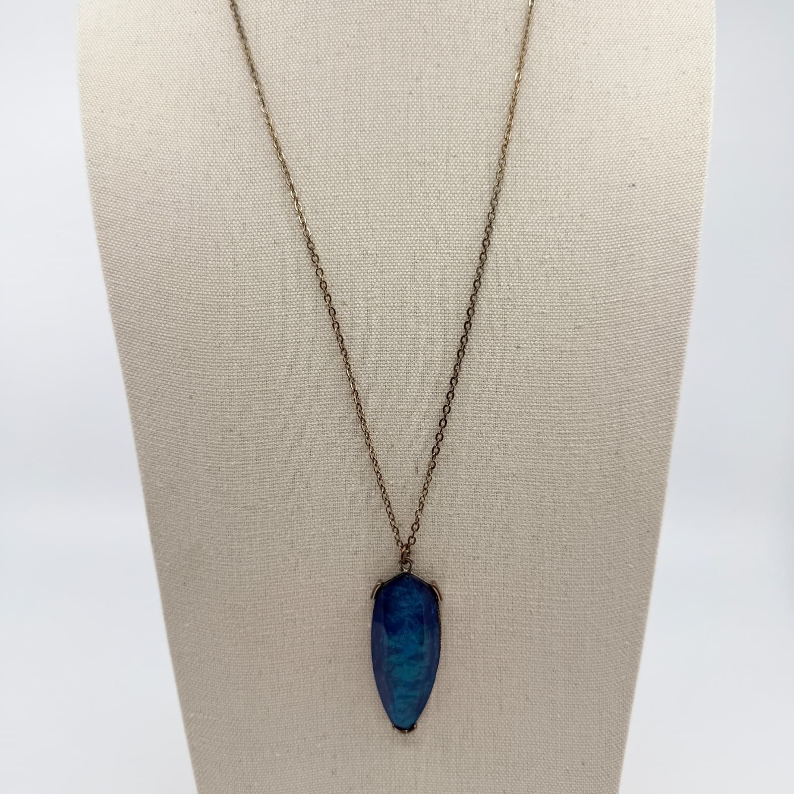 Vintage Bronze Tone Simulated Sodalite Blue Stone Pendant Necklace Boho Retro - Thumbnail 3
