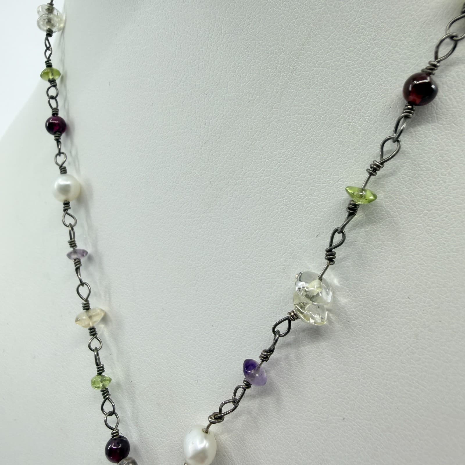 Vintage Silver Tone Simulated Pearl Multi Stone Toggle Pendant Necklace Boho 90s - Thumbnail 4