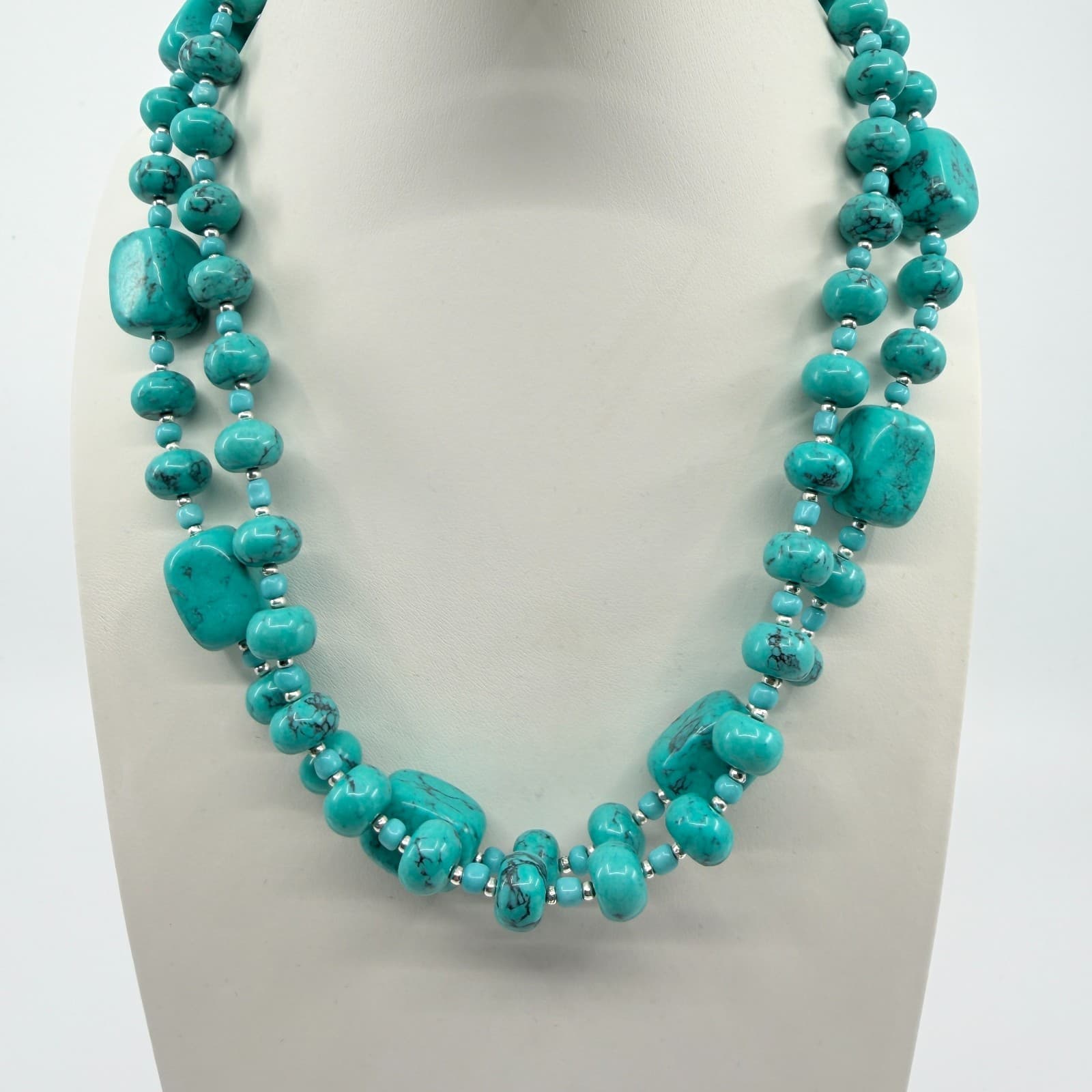 Vintage Silver Tone Simulated Turquoise Multi Strand Chunky Bead Necklace Boho - Thumbnail 8