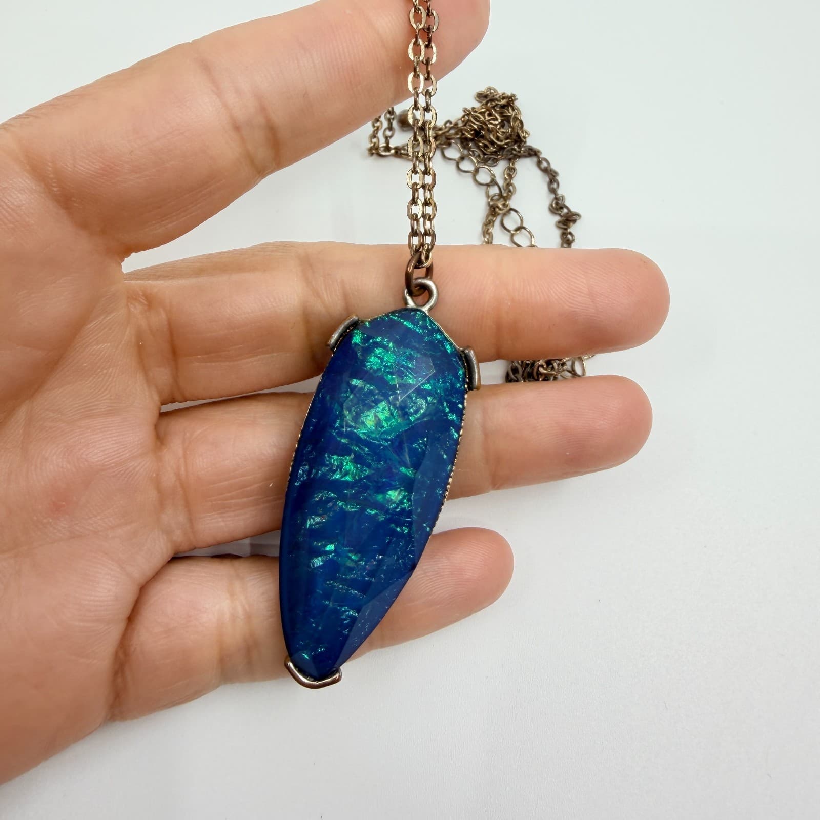 Vintage Bronze Tone Simulated Sodalite Blue Stone Pendant Necklace Boho Retro - Thumbnail 8