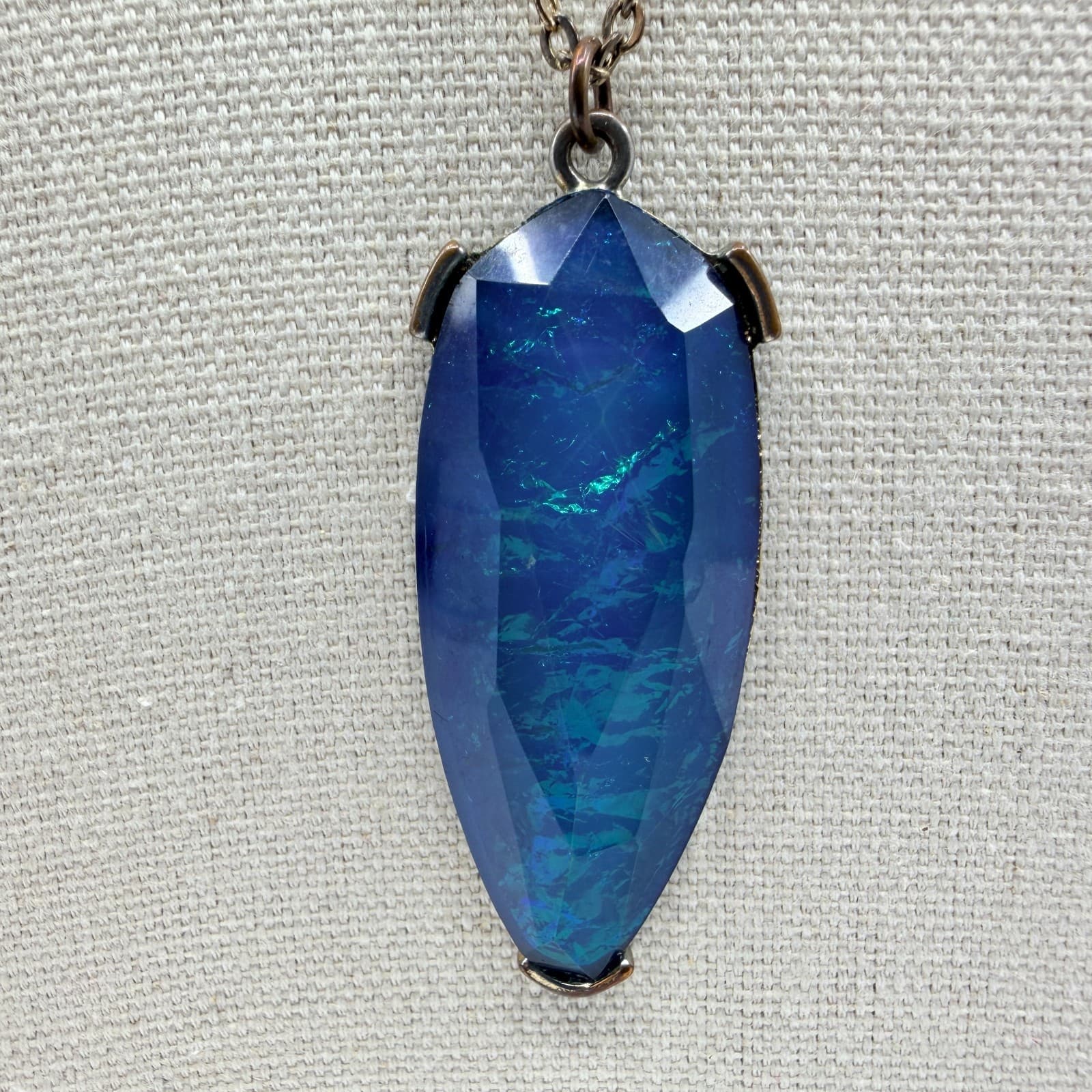 Vintage Bronze Tone Simulated Sodalite Blue Stone Pendant Necklace Boho Retro - Thumbnail 4