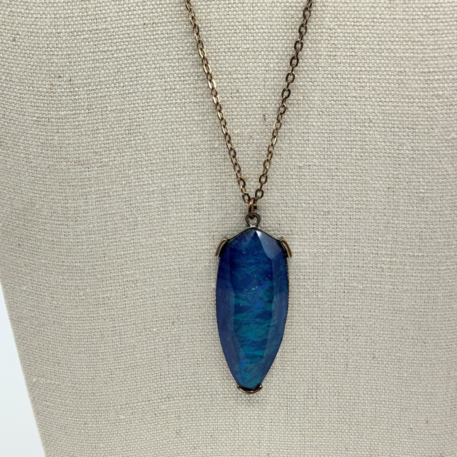 Vintage Bronze Tone Simulated Sodalite Blue Stone Pendant Necklace Boho Retro - Thumbnail 5