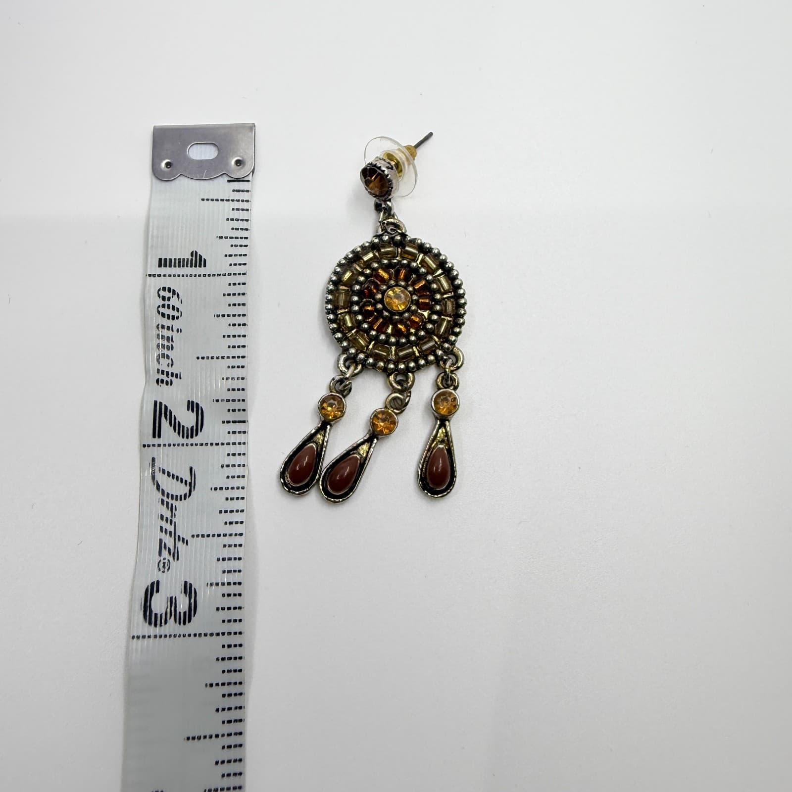 Vintage Silver Tone Amber Color Crystal Seed Bead Mandala Drop Earrings Boho Mod - Thumbnail 8