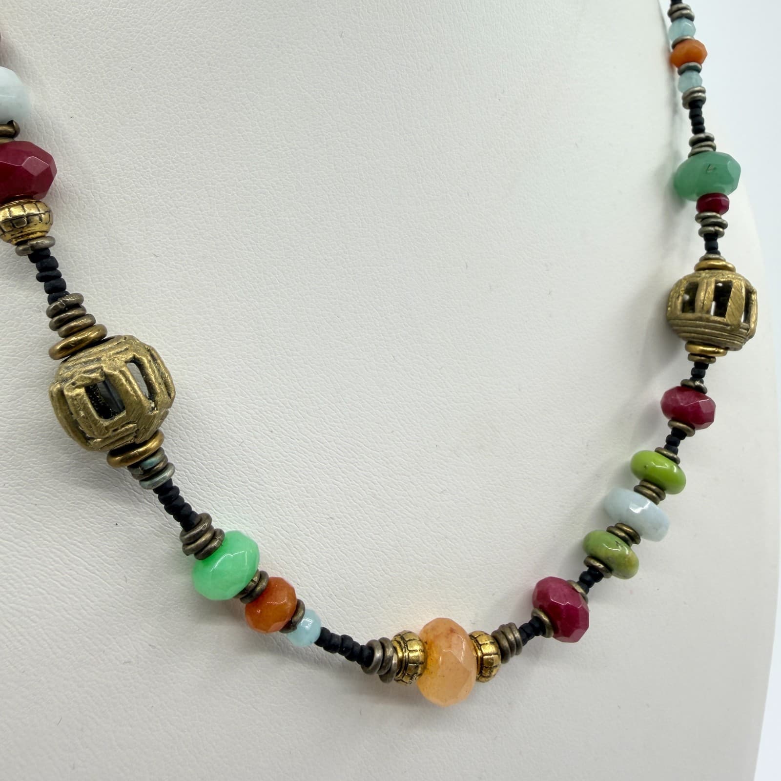 Vintage Gold Tone Multi Color Faceted Bead Cage Bead Necklace Boho Retro Ornate - Thumbnail 4