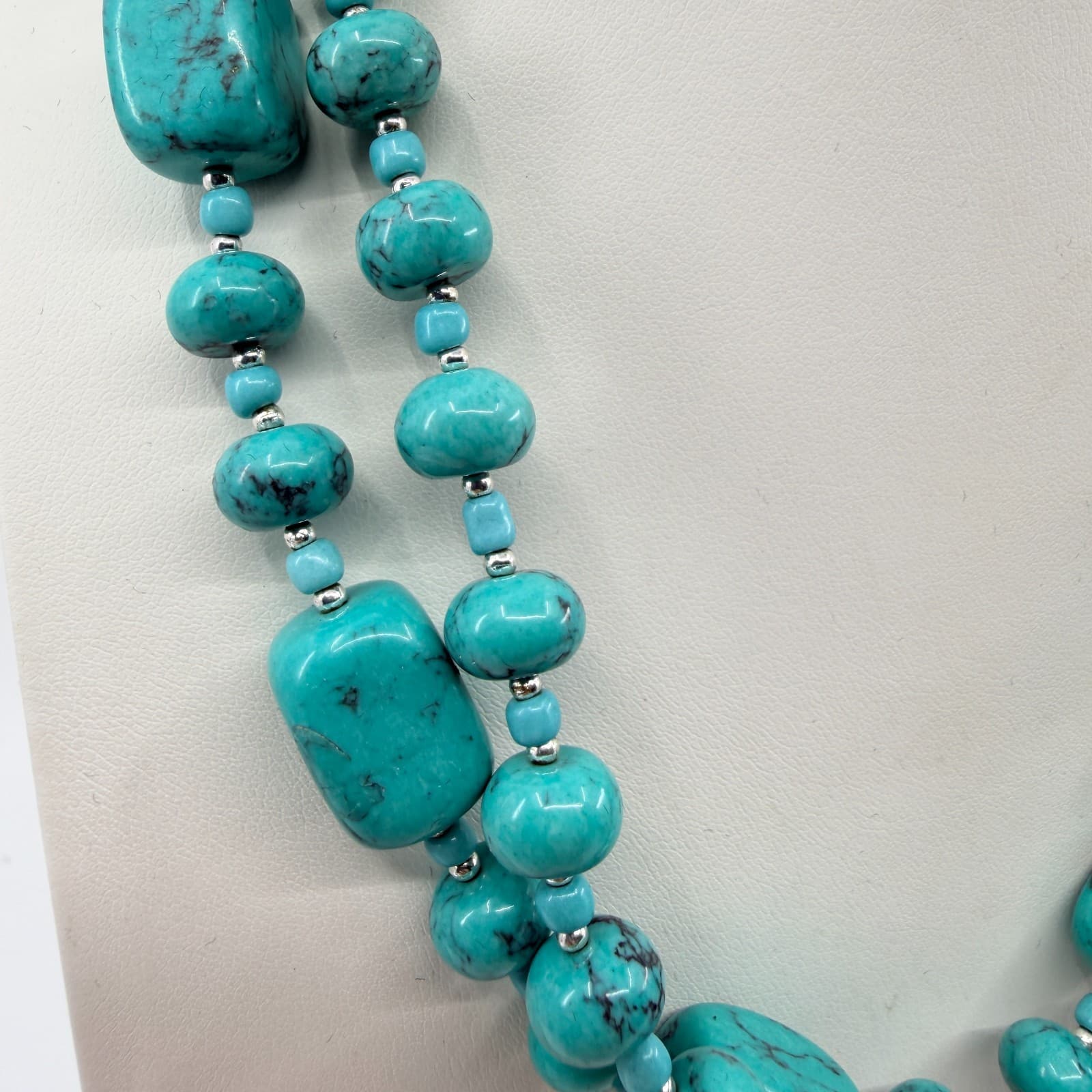 Vintage Silver Tone Simulated Turquoise Multi Strand Chunky Bead Necklace Boho - Thumbnail 3
