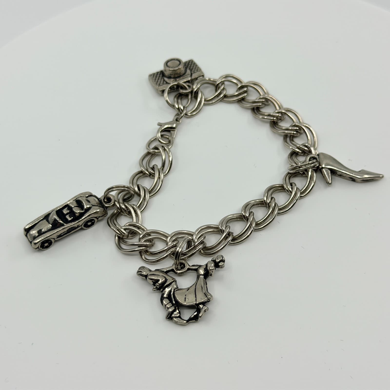 Vintage Silver Tone Multi Charm Bracelet Camera Shoe Car Dancing Couple Retro - Thumbnail 6