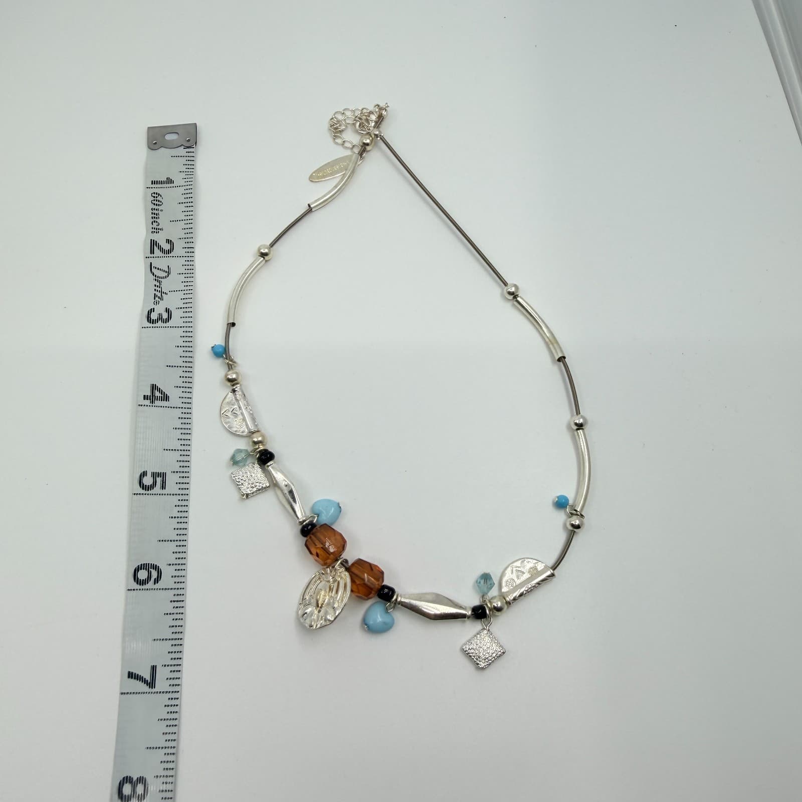 Vintage Silver Tone Multi Charm Tube Bead Necklace Amber Tone Blue Crystal Retro - Thumbnail 9