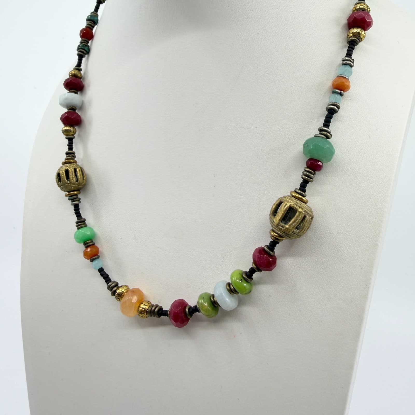 Vintage Gold Tone Multi Color Faceted Bead Cage Bead Necklace Boho Retro Ornate - Thumbnail 7