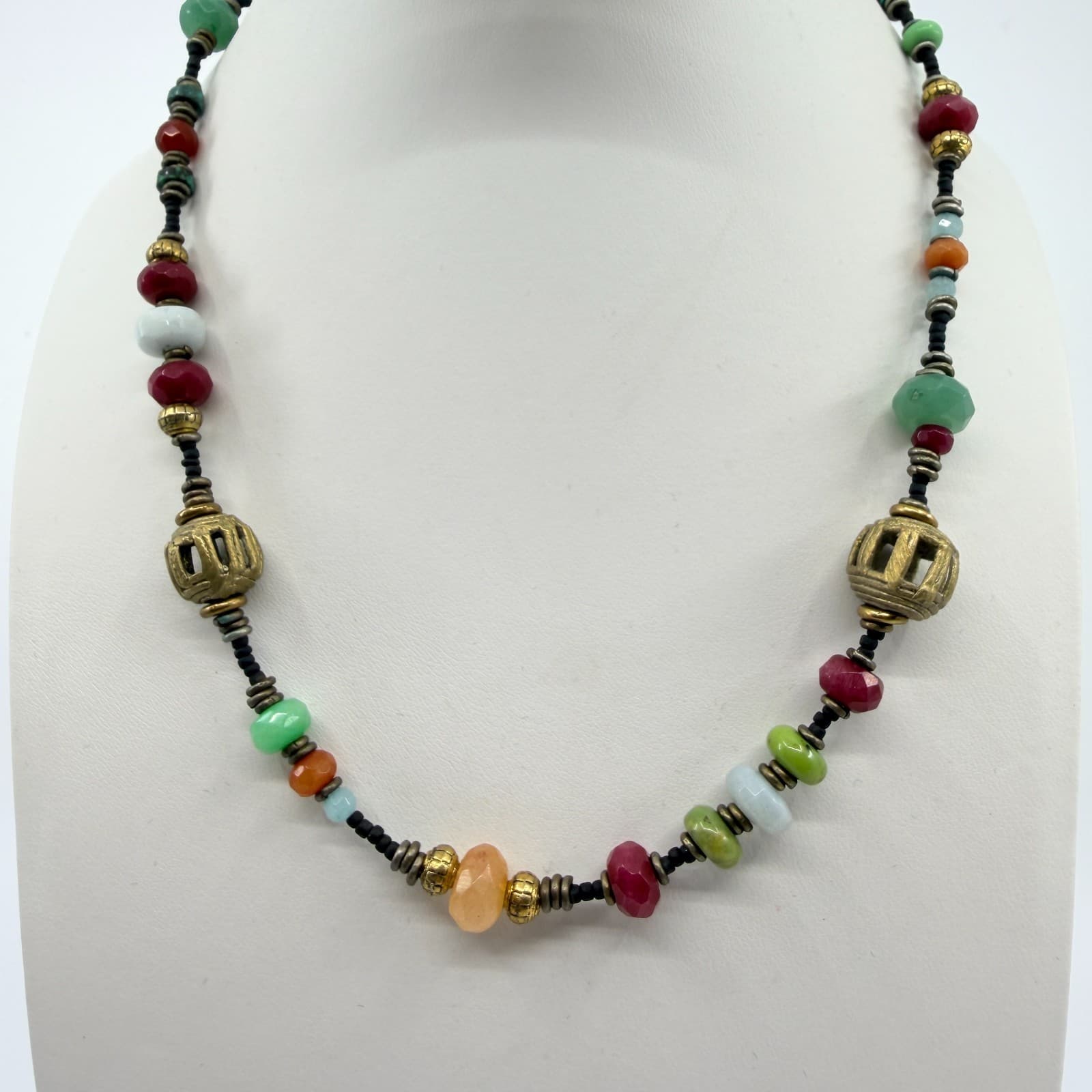 Vintage Gold Tone Multi Color Faceted Bead Cage Bead Necklace Boho Retro Ornate - Thumbnail 3