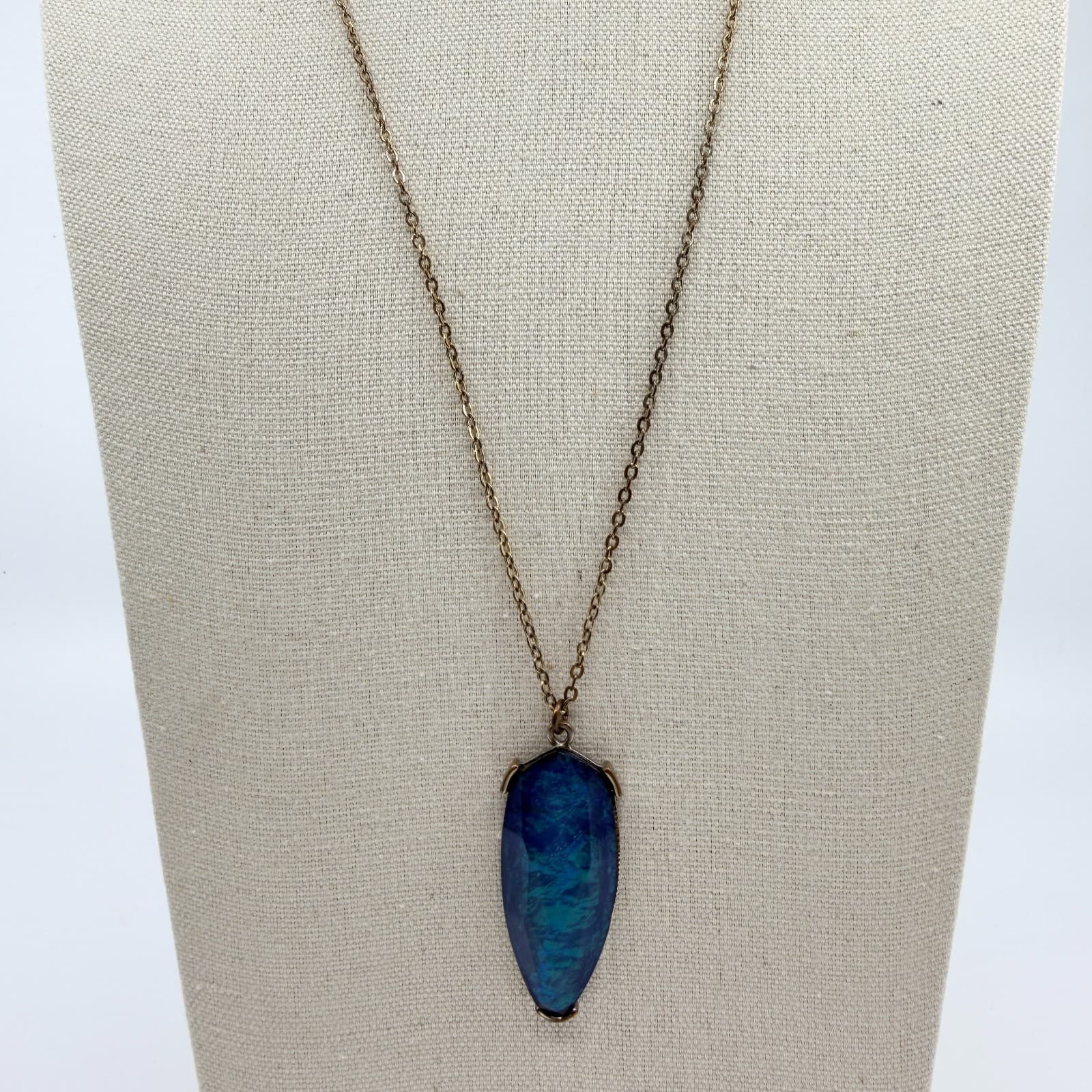 Vintage Bronze Tone Simulated Sodalite Blue Stone Pendant Necklace Boho Retro - Thumbnail 2
