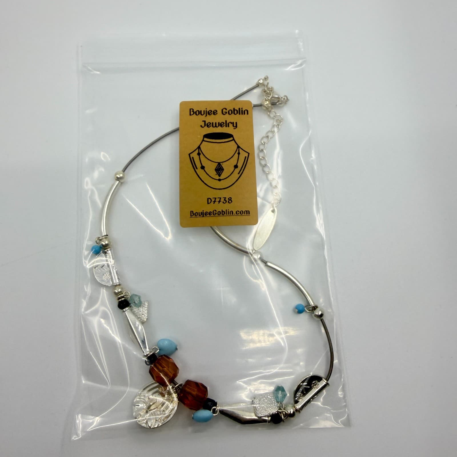 Vintage Silver Tone Multi Charm Tube Bead Necklace Amber Tone Blue Crystal Retro - Thumbnail 10