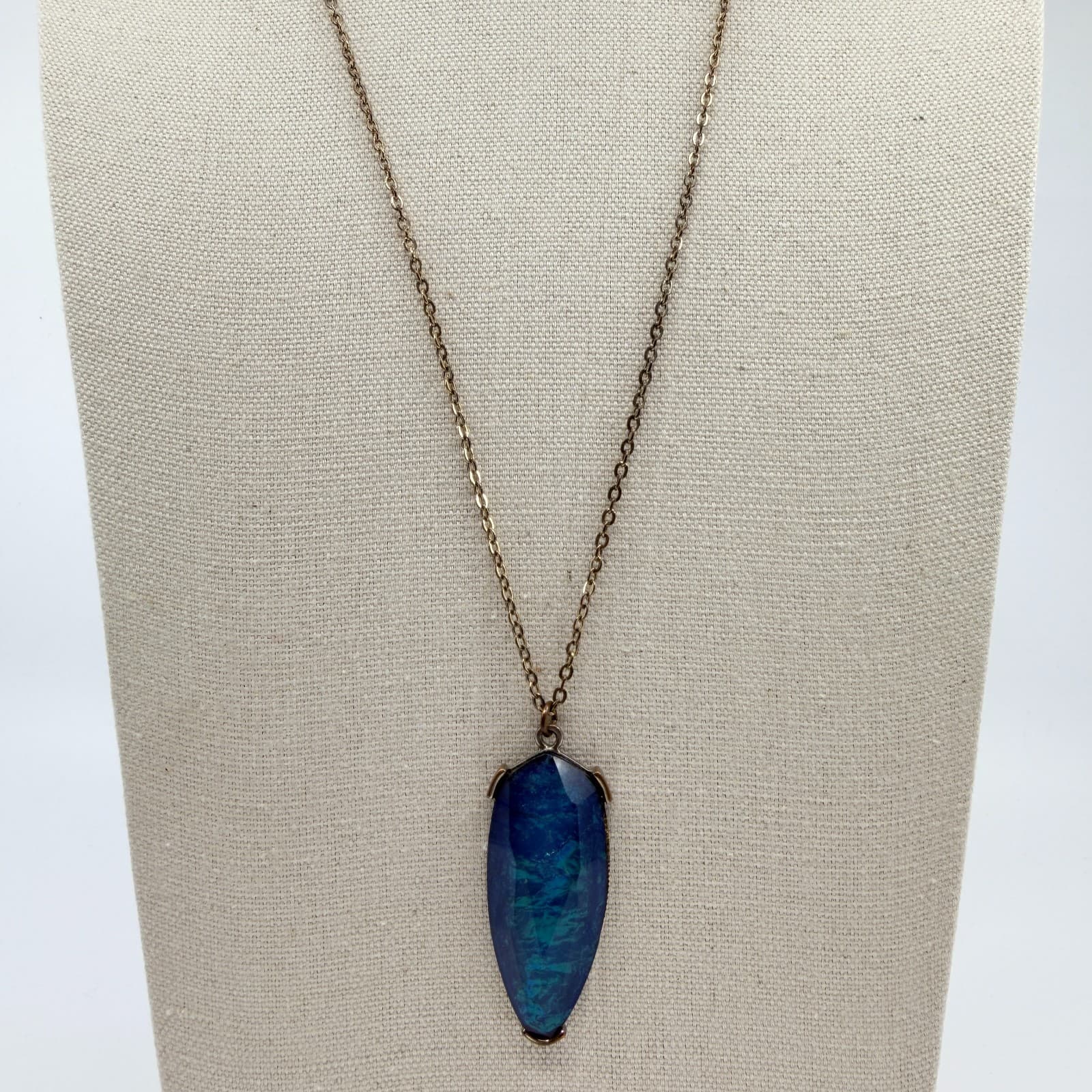 Vintage Bronze Tone Simulated Sodalite Blue Stone Pendant Necklace Boho Retro - Thumbnail 6