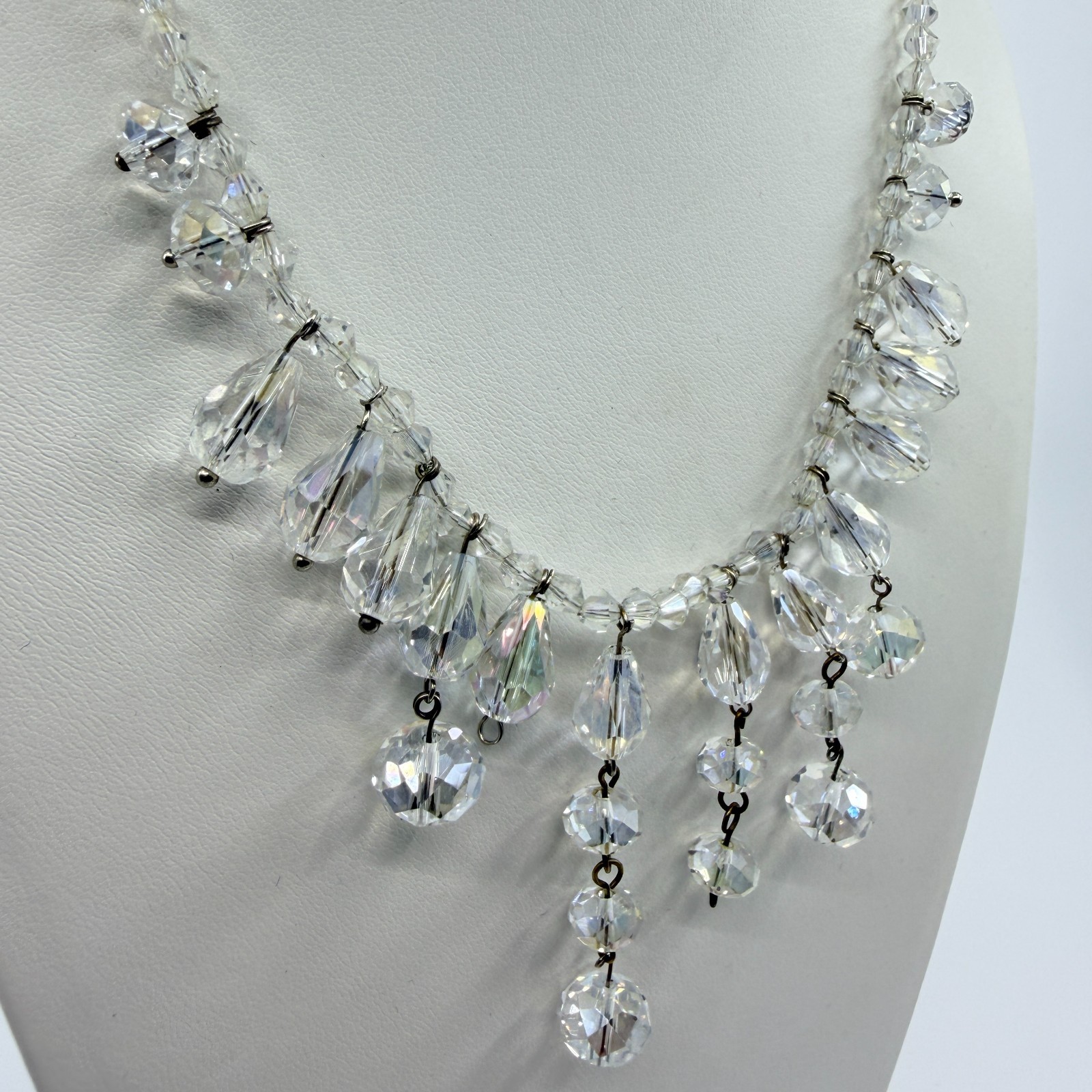 Vintage AB Aurora Borealis Glass Crystal Fringe Necklace Clear Iridescent Retro - Thumbnail 3