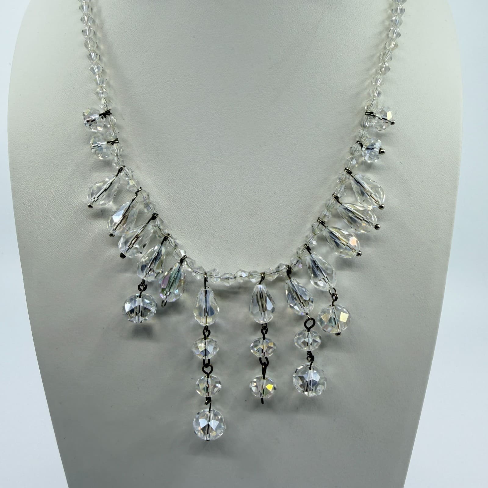 Vintage AB Aurora Borealis Glass Crystal Fringe Necklace Clear Iridescent Retro - Thumbnail 2