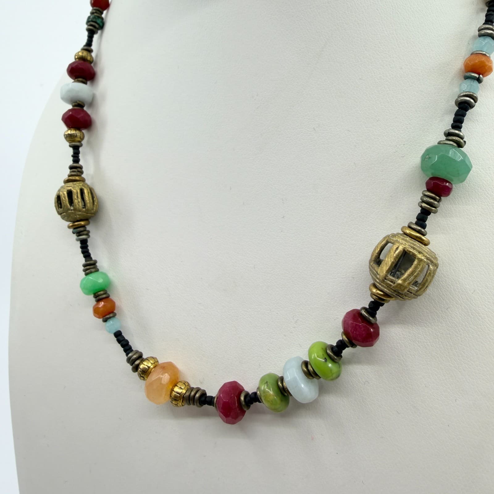 Vintage Gold Tone Multi Color Faceted Bead Cage Bead Necklace Boho Retro Ornate - Thumbnail 6