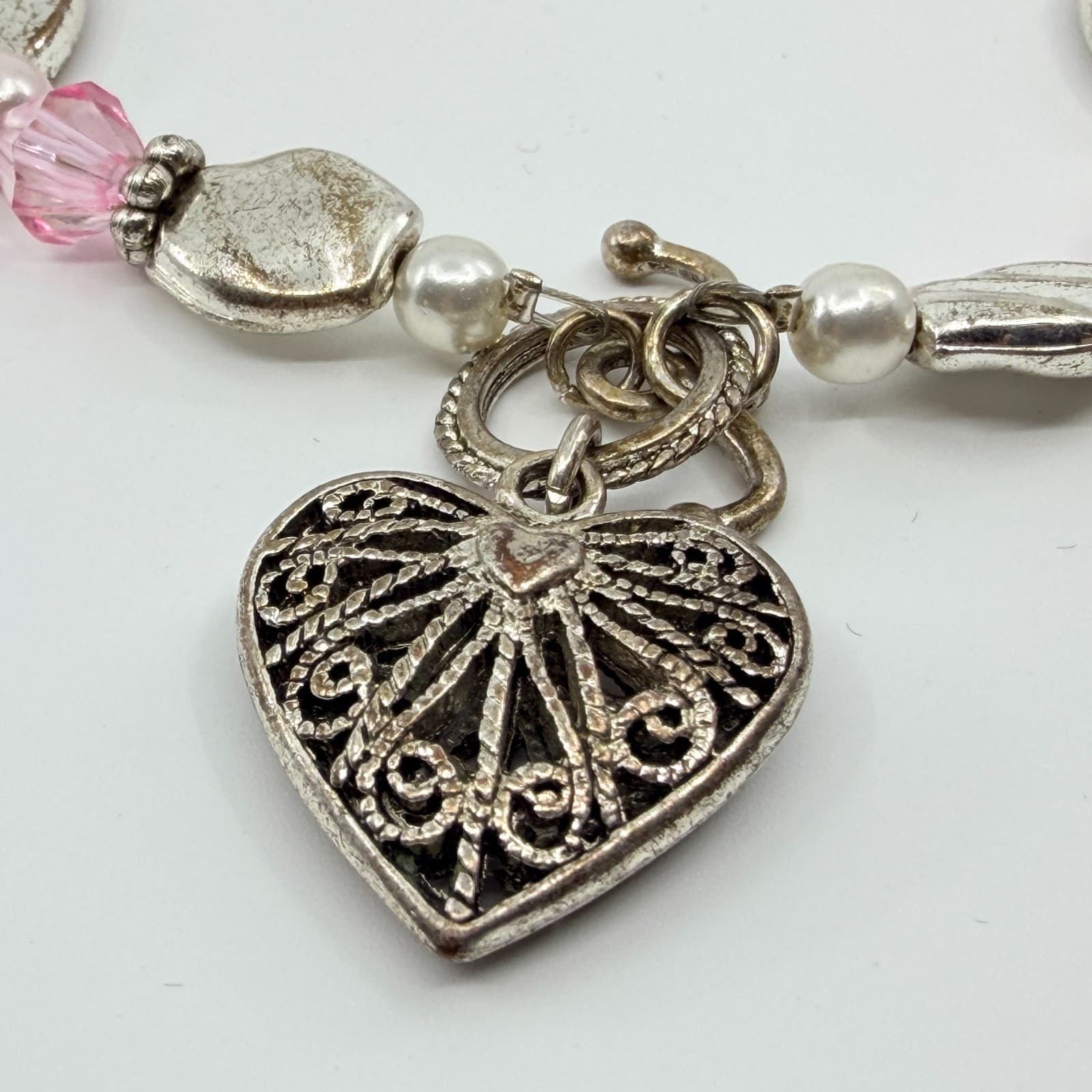Vintage Silver Tone Daughter Love Forever Charm Bracelet Pink Crystal Beaded 90s - Thumbnail 3