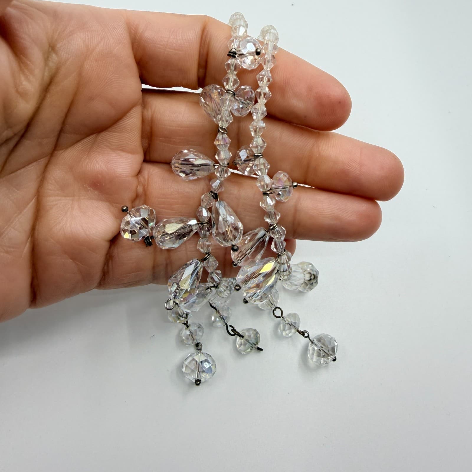 Vintage AB Aurora Borealis Glass Crystal Fringe Necklace Clear Iridescent Retro - Thumbnail 10
