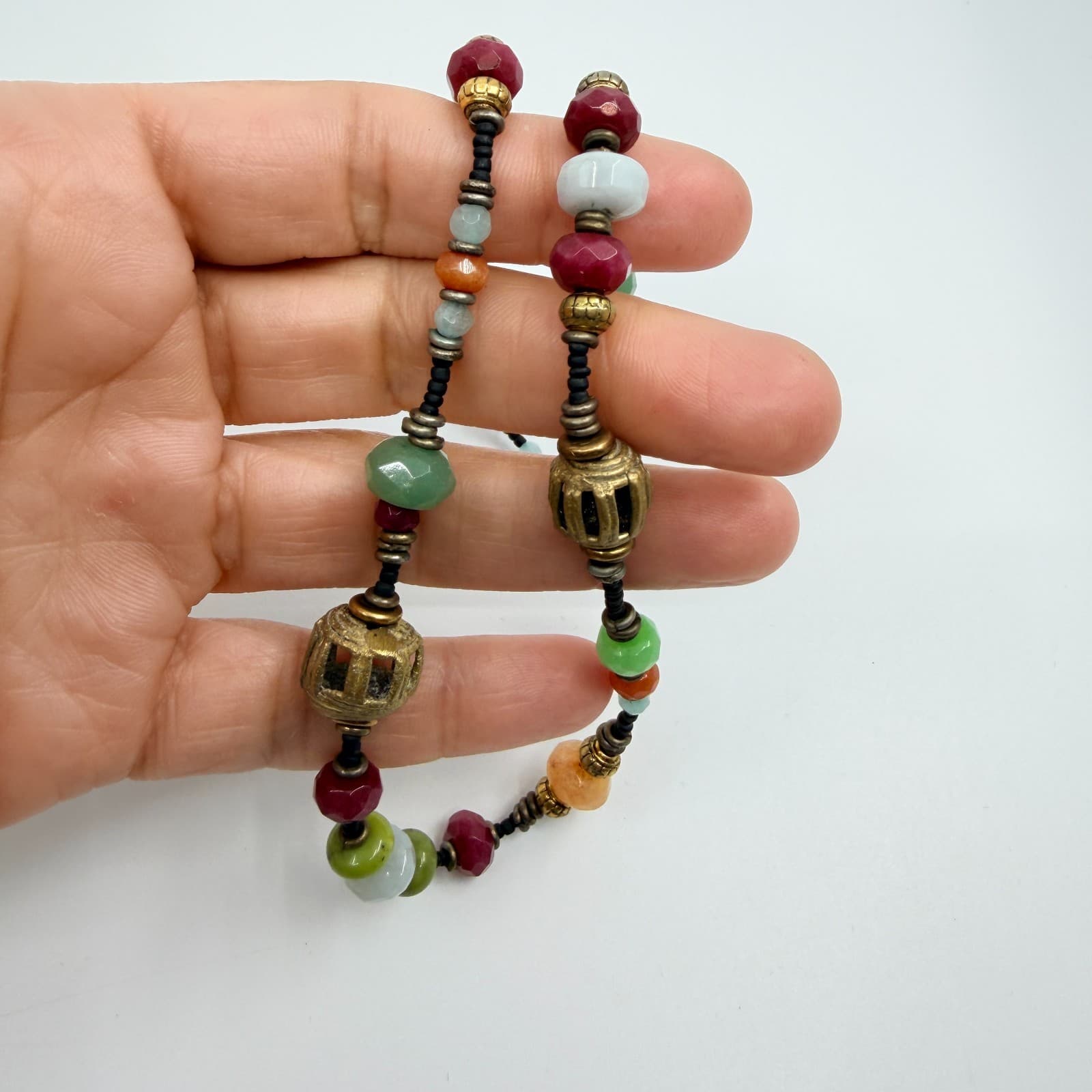 Vintage Gold Tone Multi Color Faceted Bead Cage Bead Necklace Boho Retro Ornate - Thumbnail 10