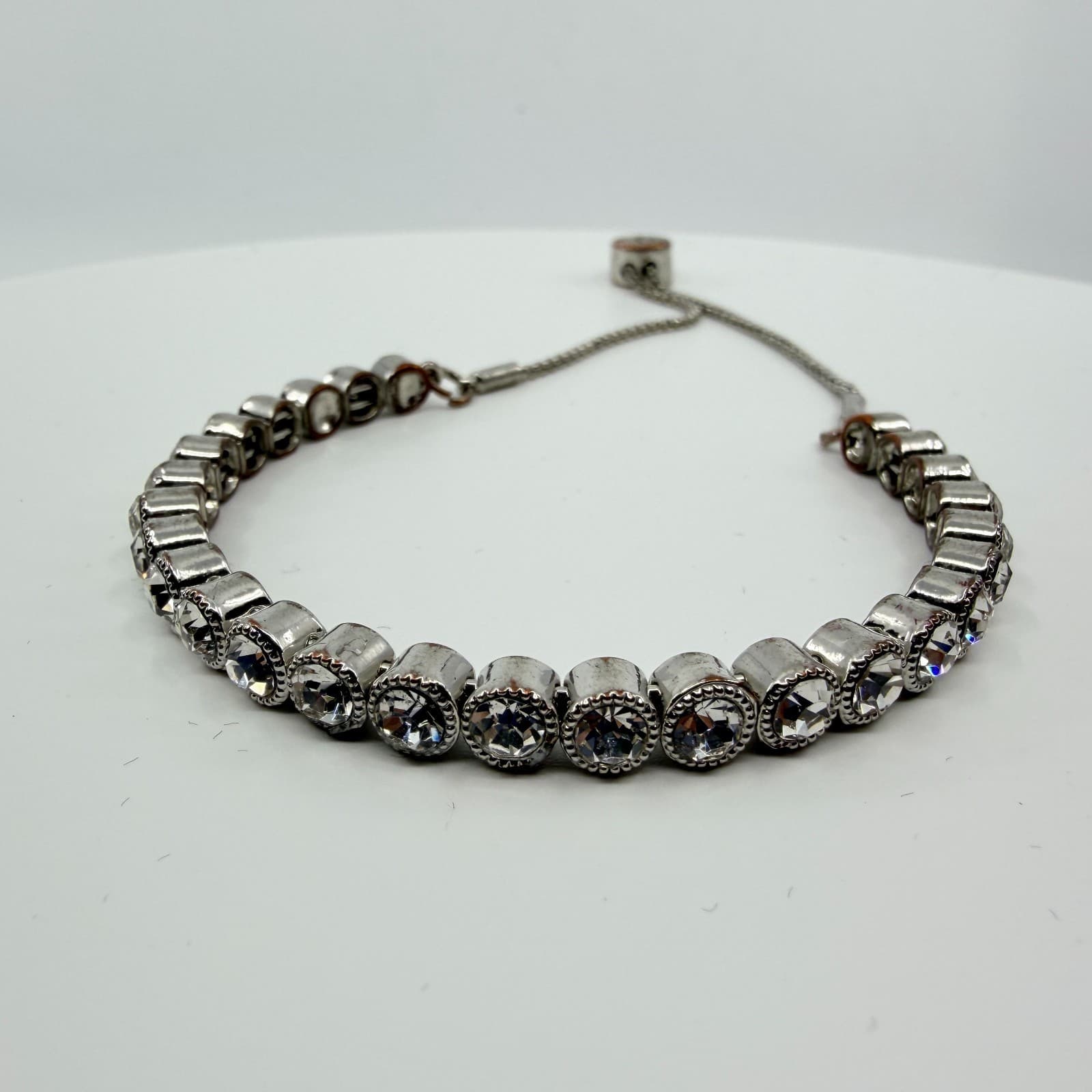 Vintage Silver Tone Rhinestone Tennis Bracelet Adjustable Slider Bolo Statement - Thumbnail 2