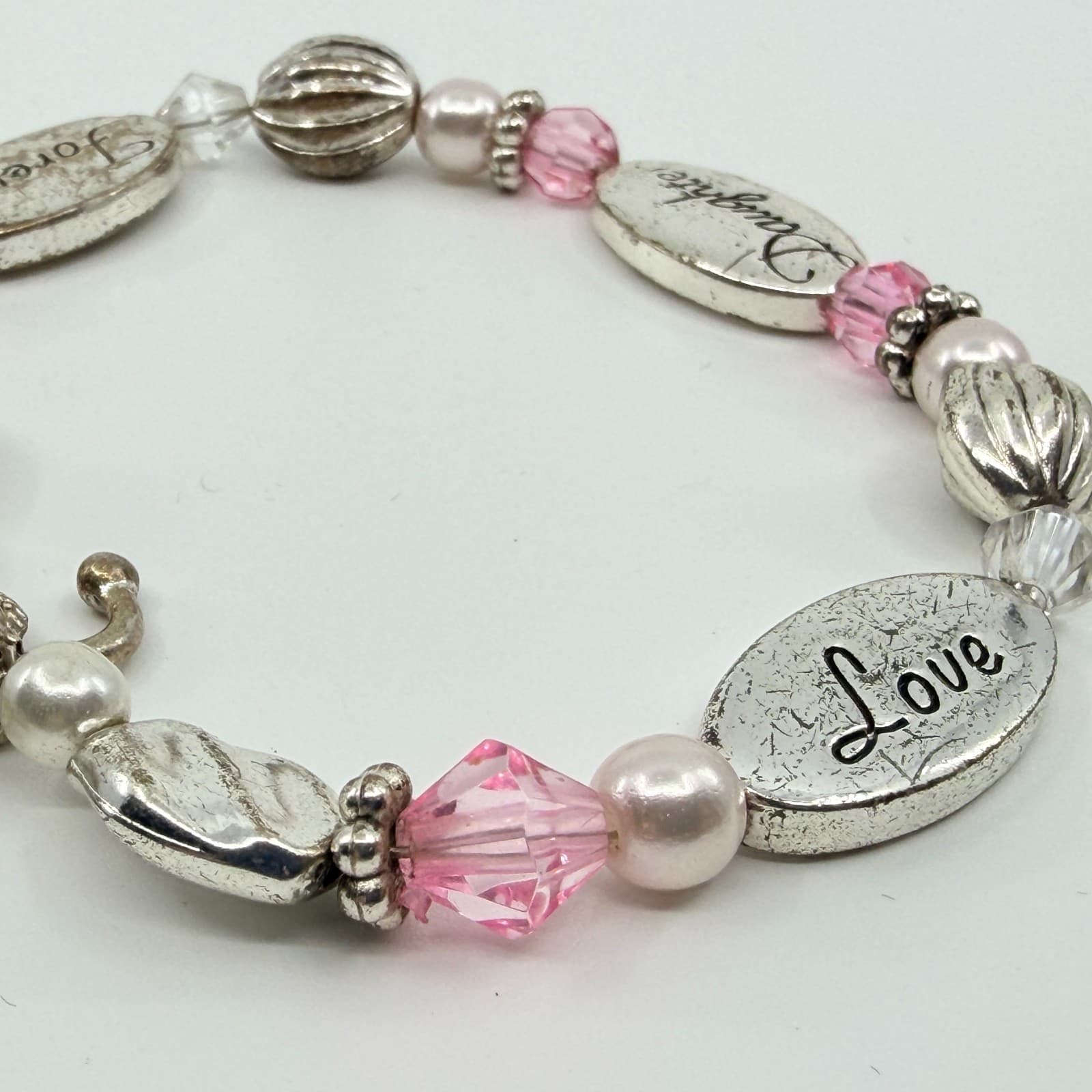 Vintage Silver Tone Daughter Love Forever Charm Bracelet Pink Crystal Beaded 90s - Thumbnail 4
