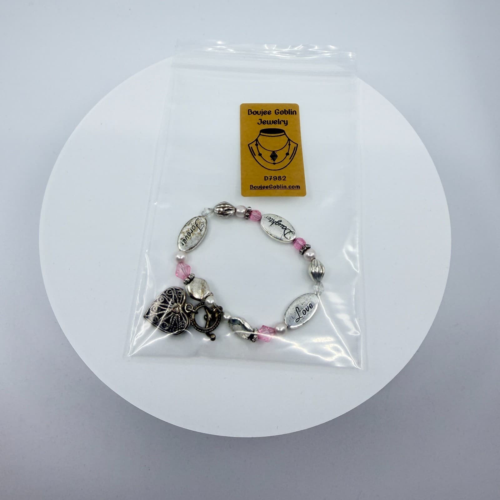 Vintage Silver Tone Daughter Love Forever Charm Bracelet Pink Crystal Beaded 90s - Thumbnail 9
