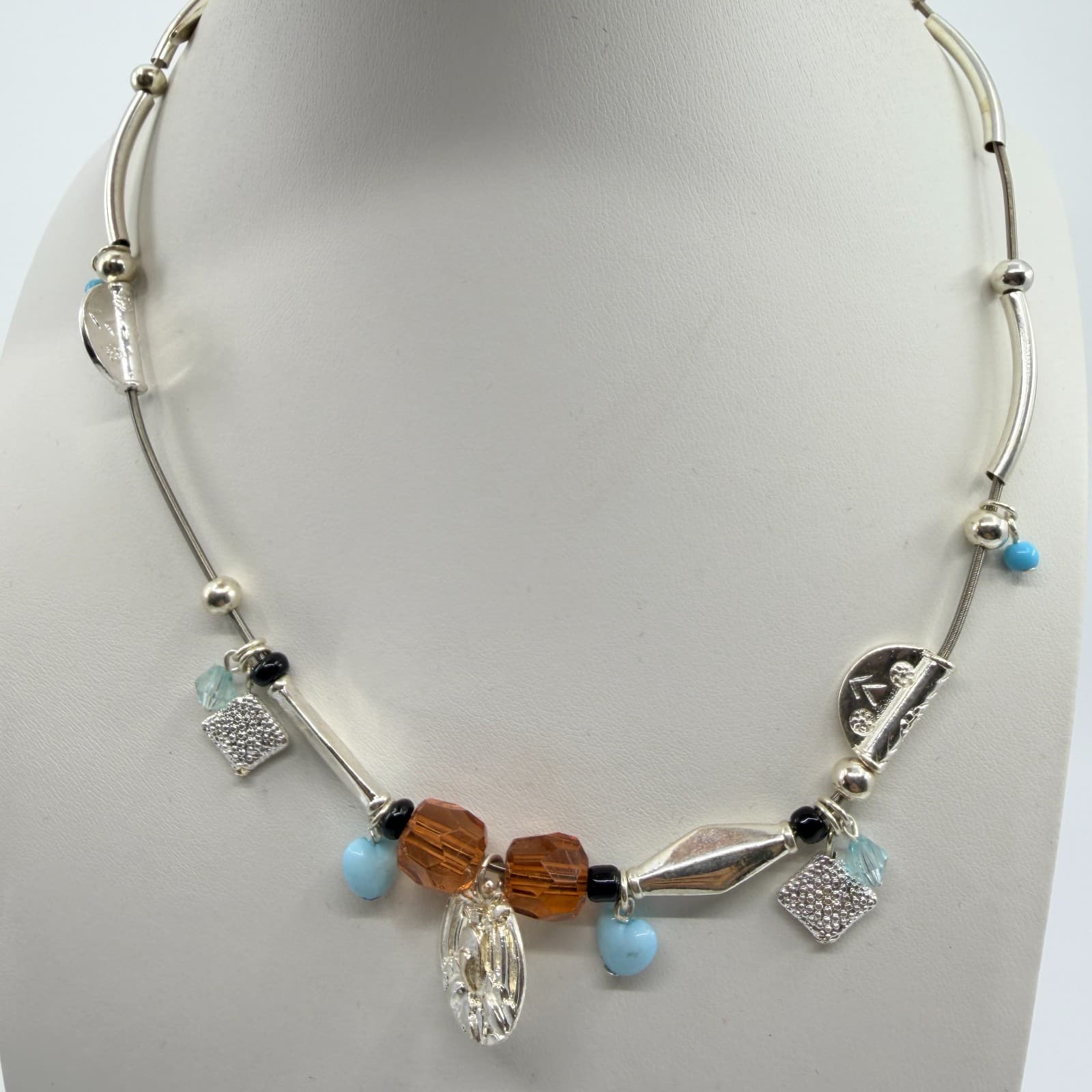 Vintage Silver Tone Multi Charm Tube Bead Necklace Amber Tone Blue Crystal Retro - Thumbnail 2