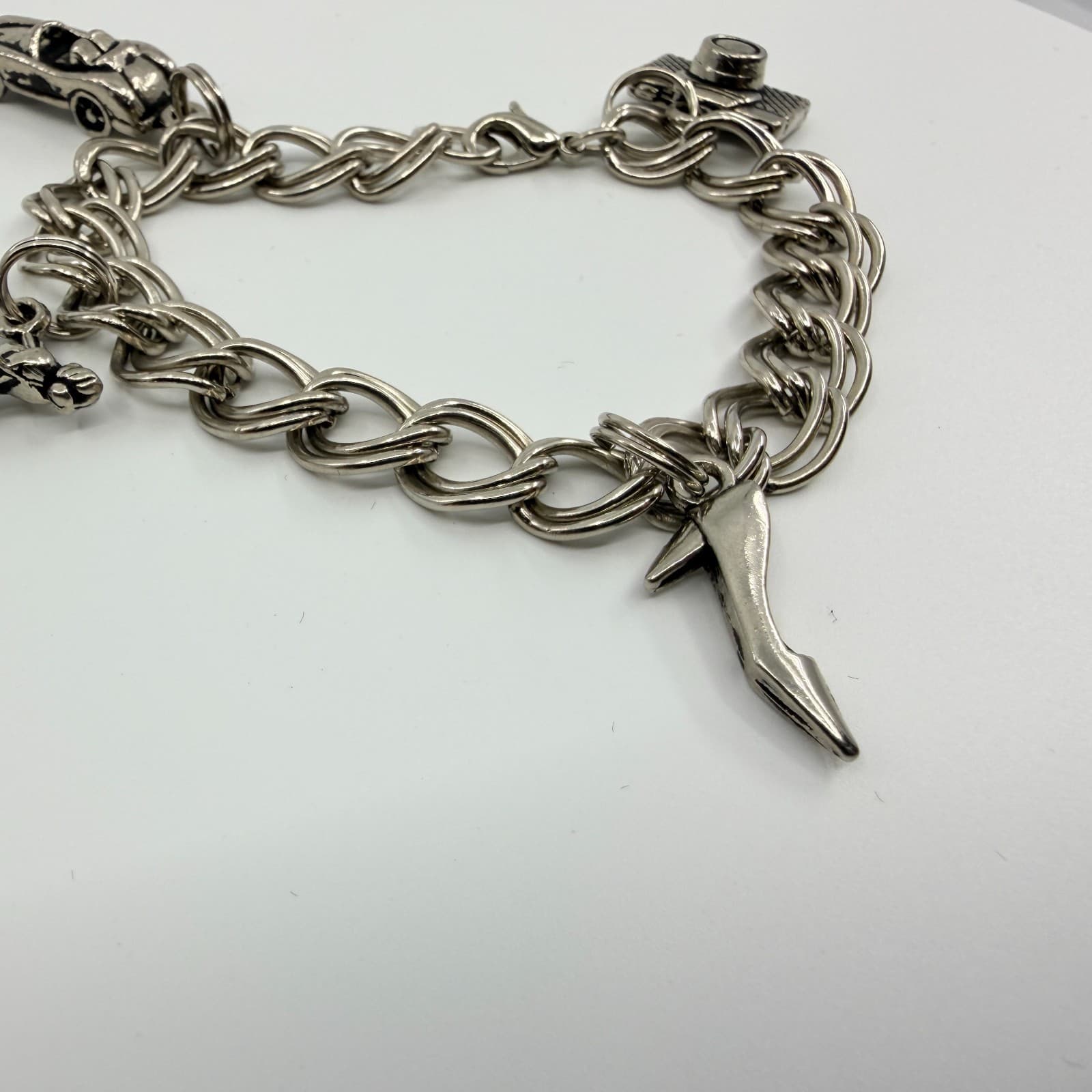 Vintage Silver Tone Multi Charm Bracelet Camera Shoe Car Dancing Couple Retro - Thumbnail 3