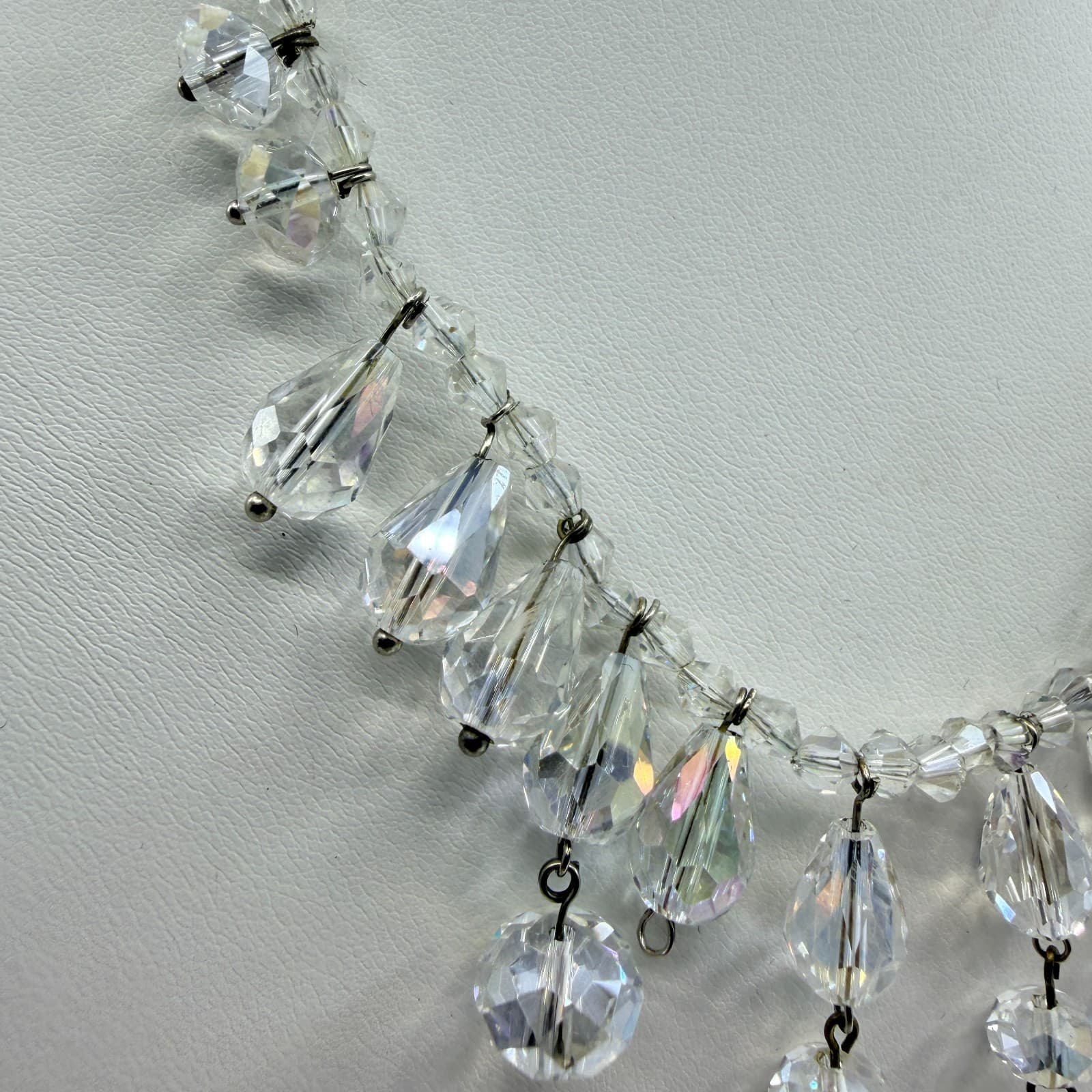 Vintage AB Aurora Borealis Glass Crystal Fringe Necklace Clear Iridescent Retro - Thumbnail 4