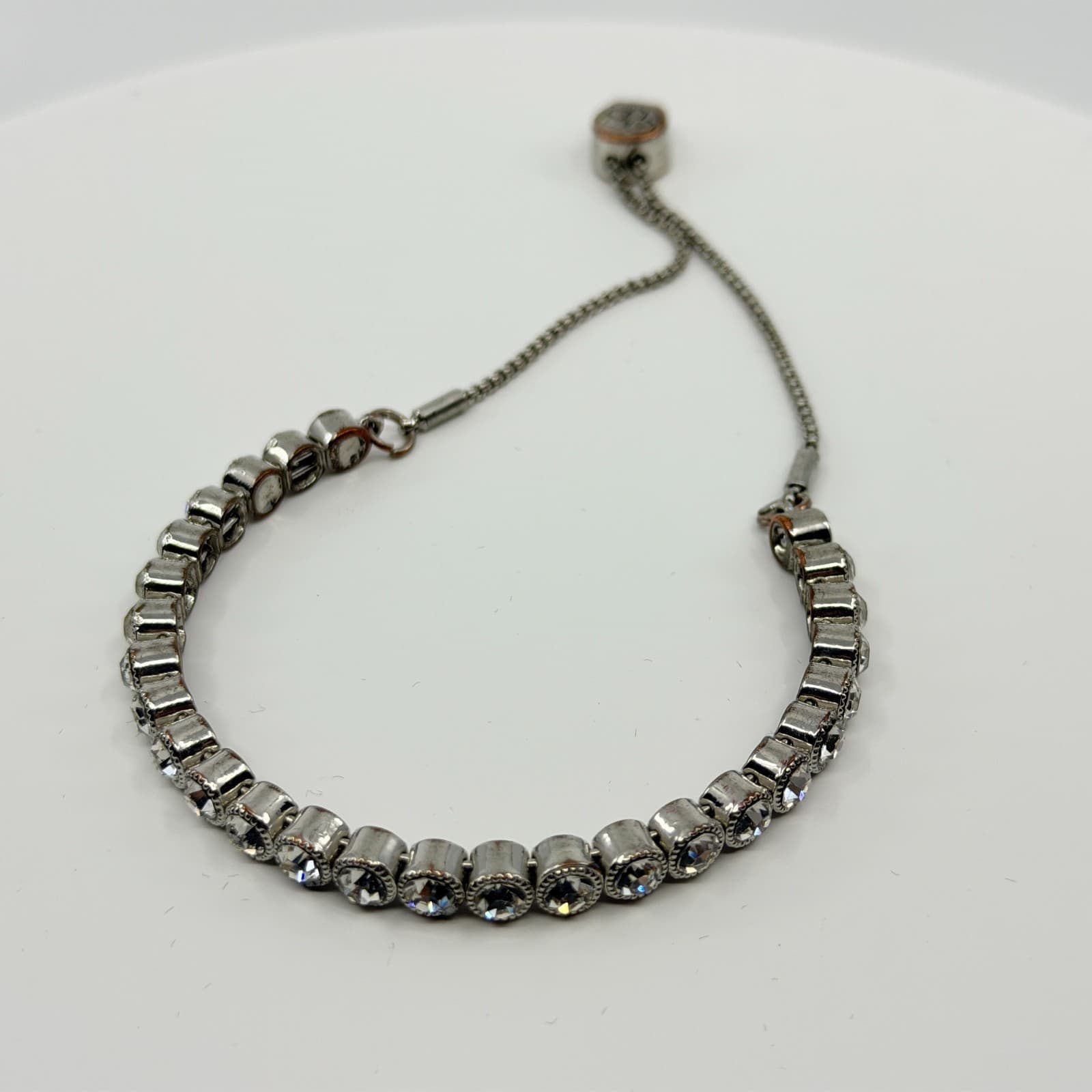 Vintage Silver Tone Rhinestone Tennis Bracelet Adjustable Slider Bolo Statement - Thumbnail 3