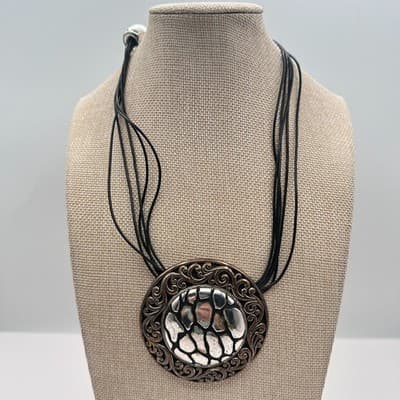 Vintage 80s Women Necklace Round Statement Pendant Multi Cord Silver Tone Black - Thumbnail 3