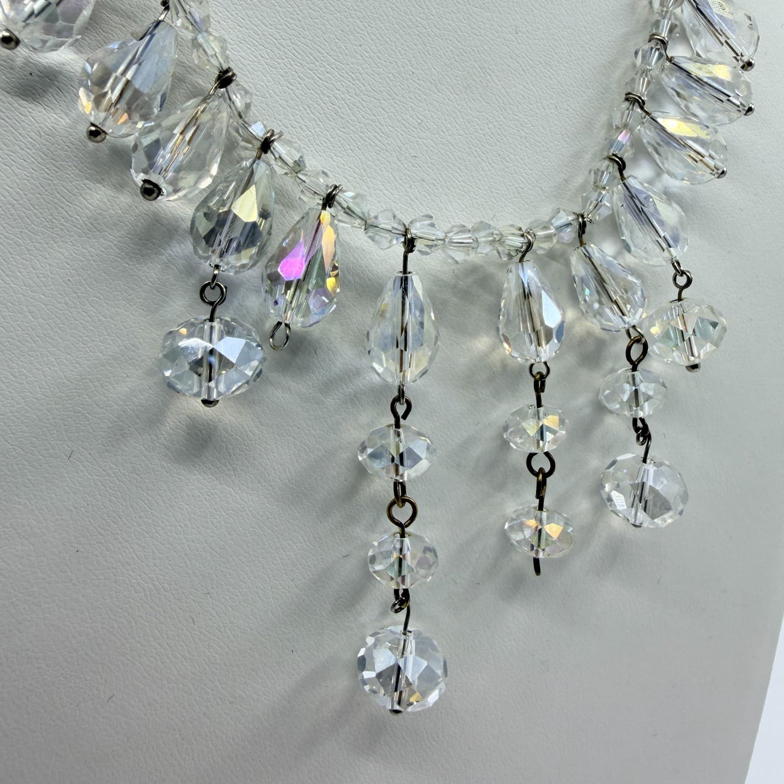 Vintage AB Aurora Borealis Glass Crystal Fringe Necklace Clear Iridescent Retro - Thumbnail 5