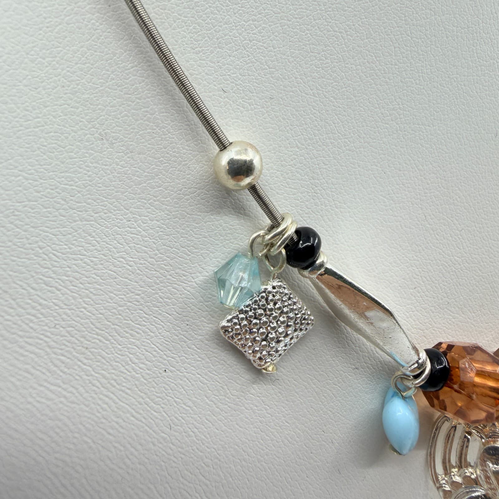 Vintage Silver Tone Multi Charm Tube Bead Necklace Amber Tone Blue Crystal Retro - Thumbnail 4