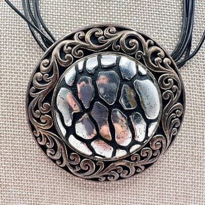 Vintage 80s Women Necklace Round Statement Pendant Multi Cord Silver Tone Black - Thumbnail 2