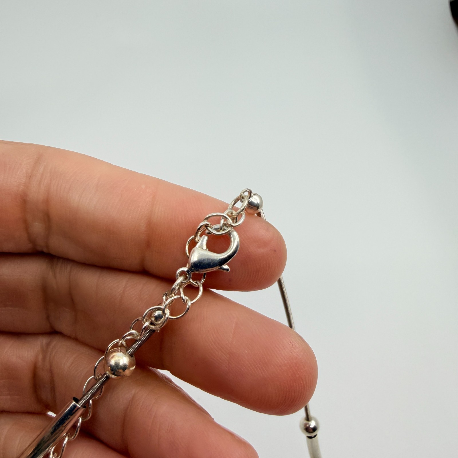 Vintage Silver Tone Multi Charm Tube Bead Necklace Amber Tone Blue Crystal Retro - Thumbnail 8