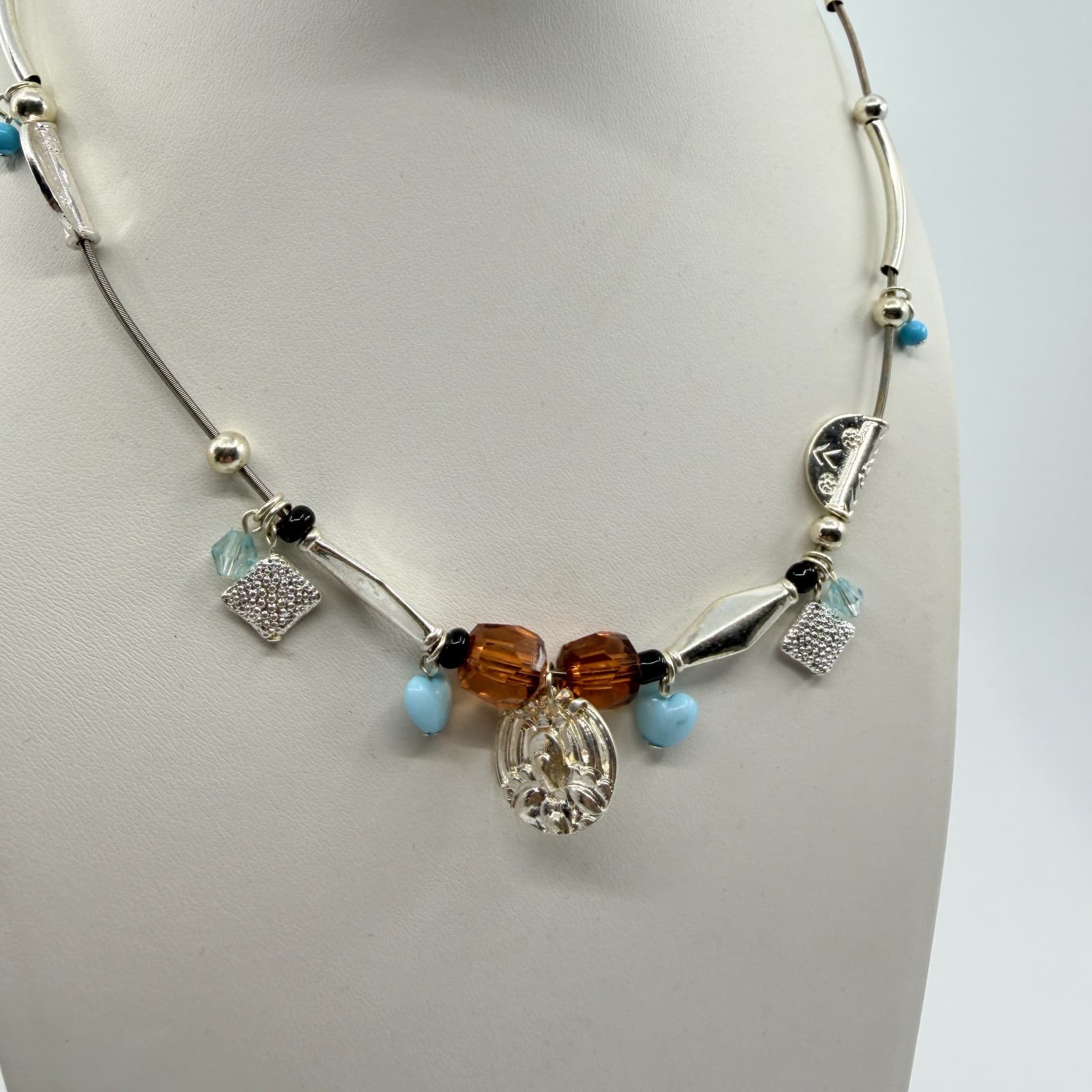 Vintage Silver Tone Multi Charm Tube Bead Necklace Amber Tone Blue Crystal Retro - Thumbnail 5