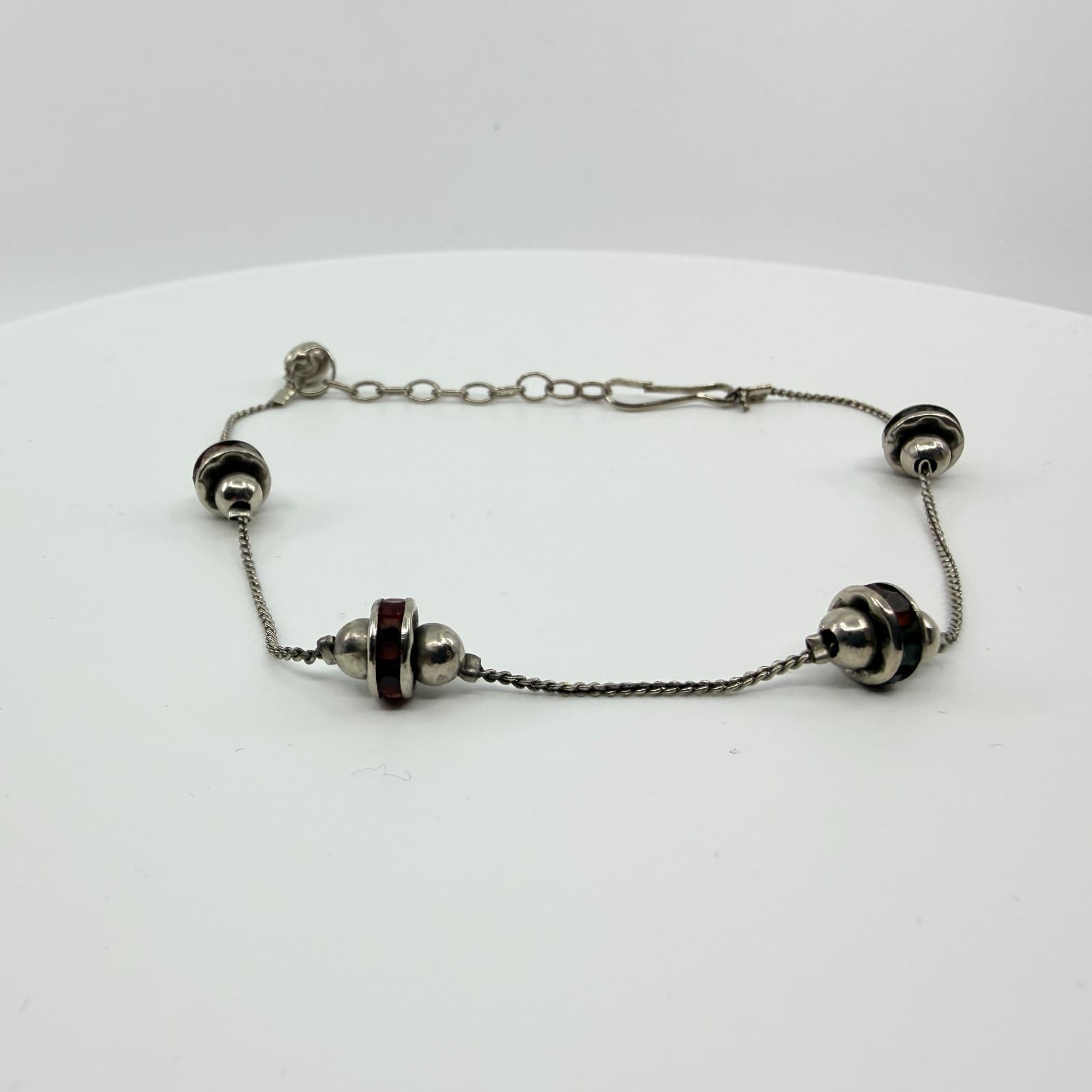 Vintage Silver Tone Delicate Link Chain Bracelet Enamel Accent Beads Retro Boho - Thumbnail 2