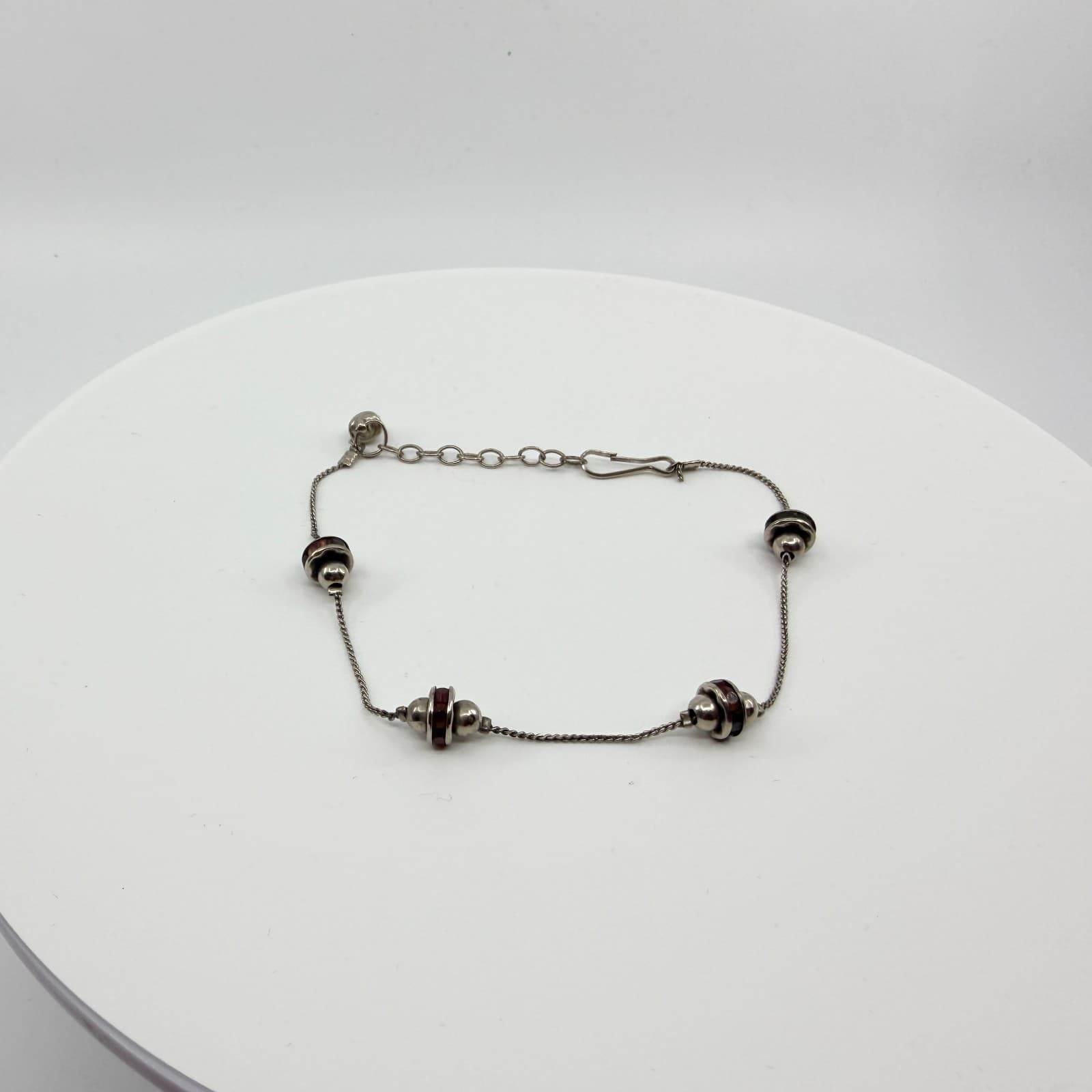 Vintage Silver Tone Delicate Link Chain Bracelet Enamel Accent Beads Retro Boho - Thumbnail 3