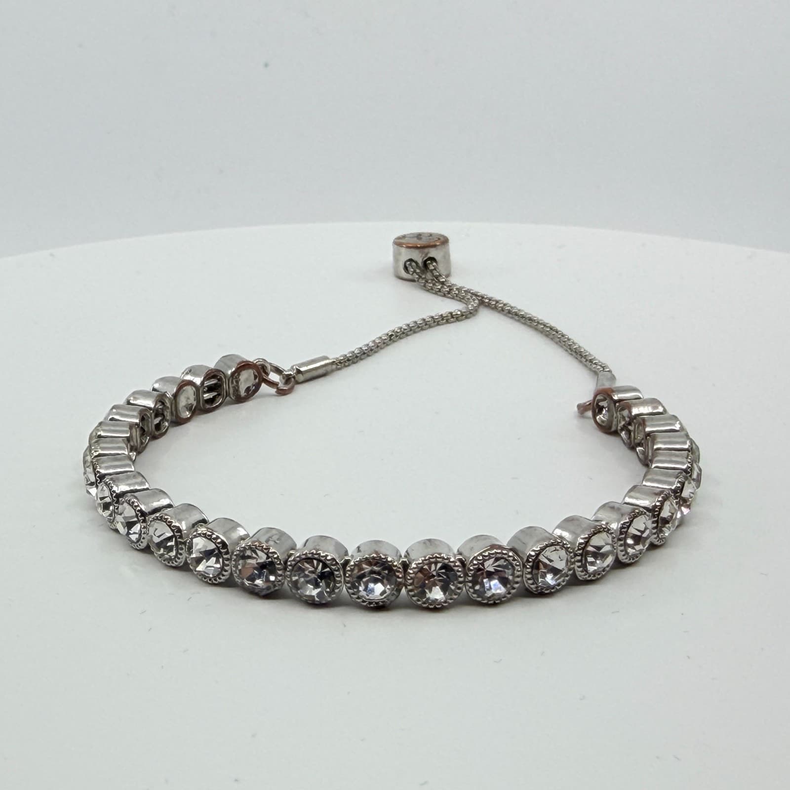 Vintage Silver Tone Rhinestone Tennis Bracelet Adjustable Slider Bolo Statement - Thumbnail 5