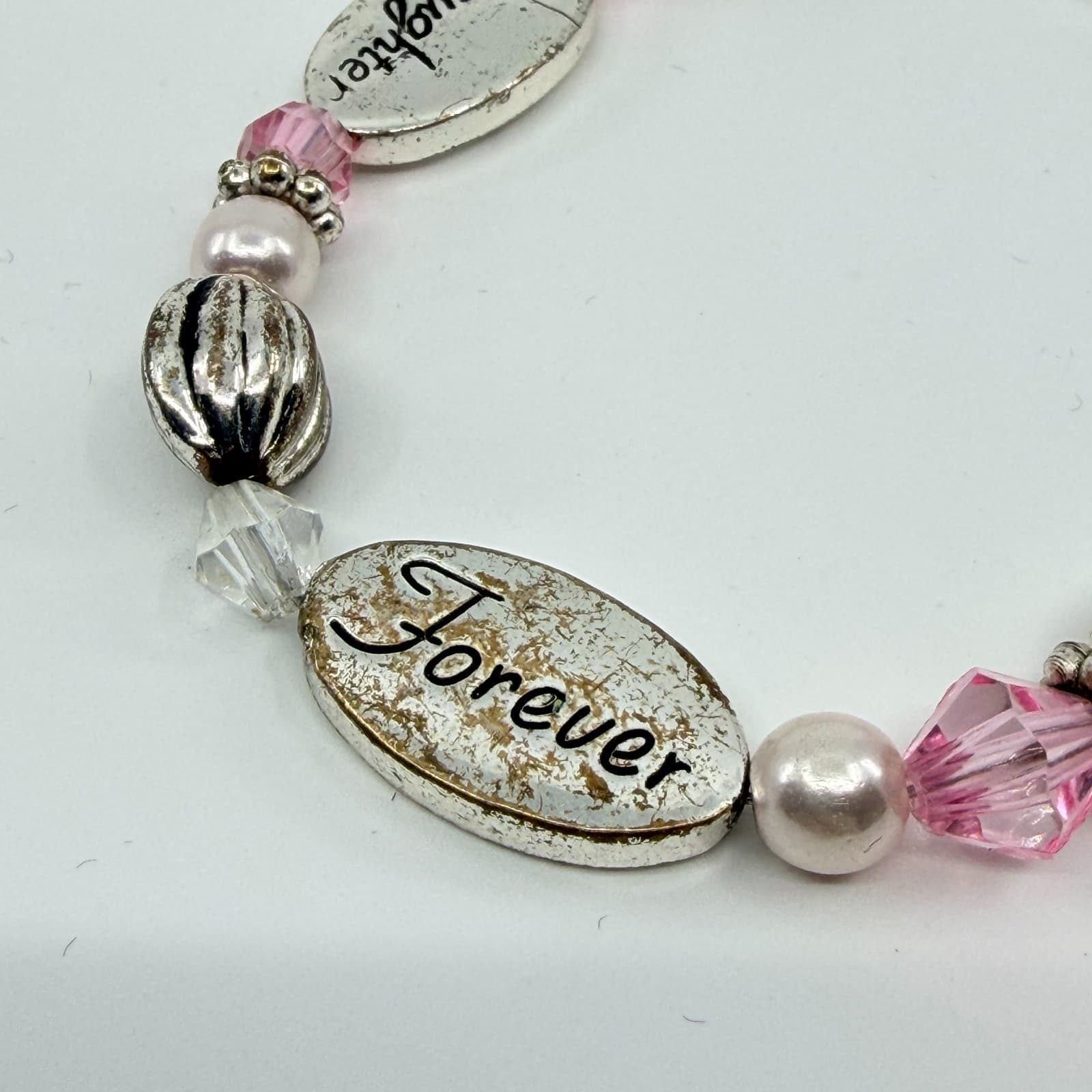 Vintage Silver Tone Daughter Love Forever Charm Bracelet Pink Crystal Beaded 90s - Thumbnail 5