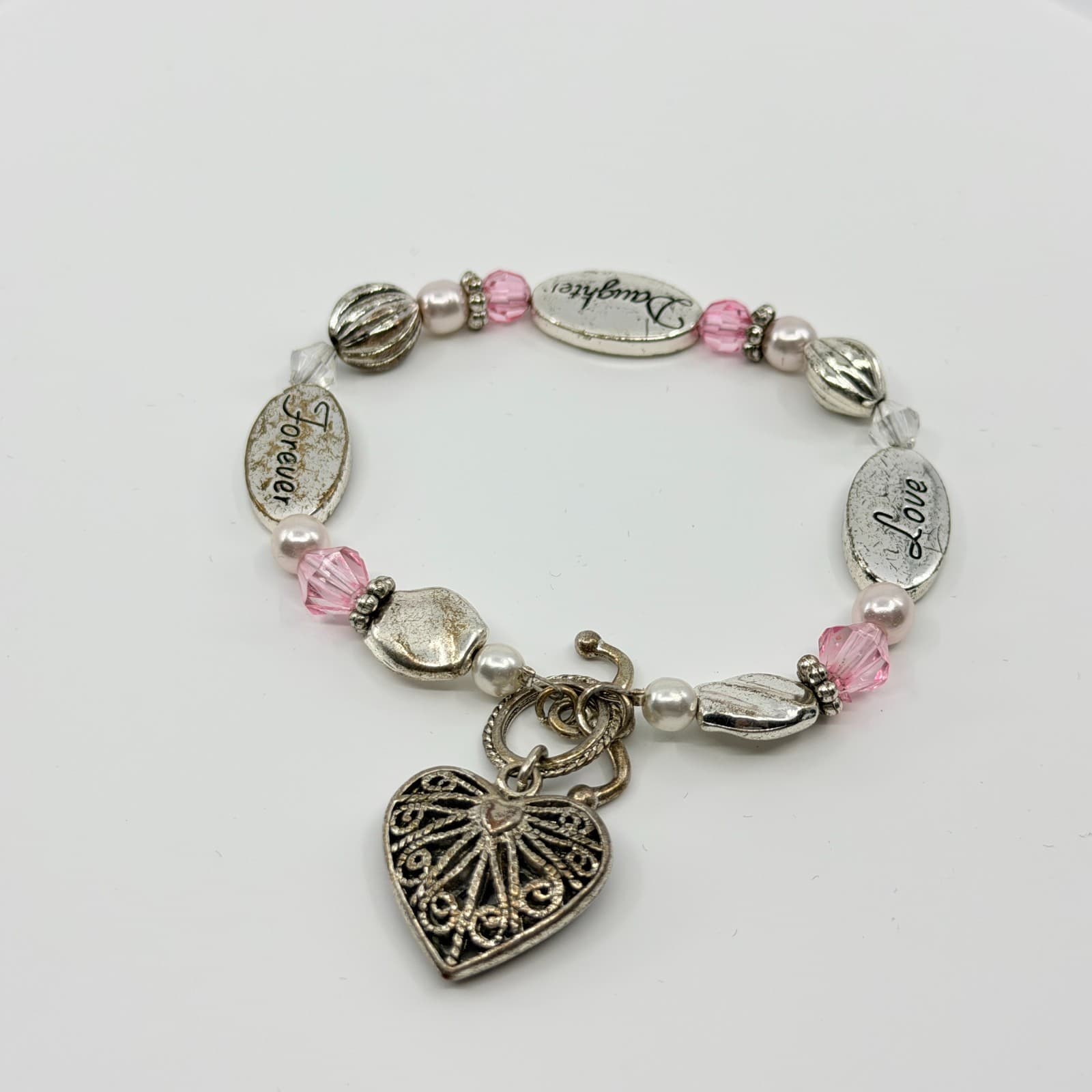 Vintage Silver Tone Daughter Love Forever Charm Bracelet Pink Crystal Beaded 90s - Thumbnail 2