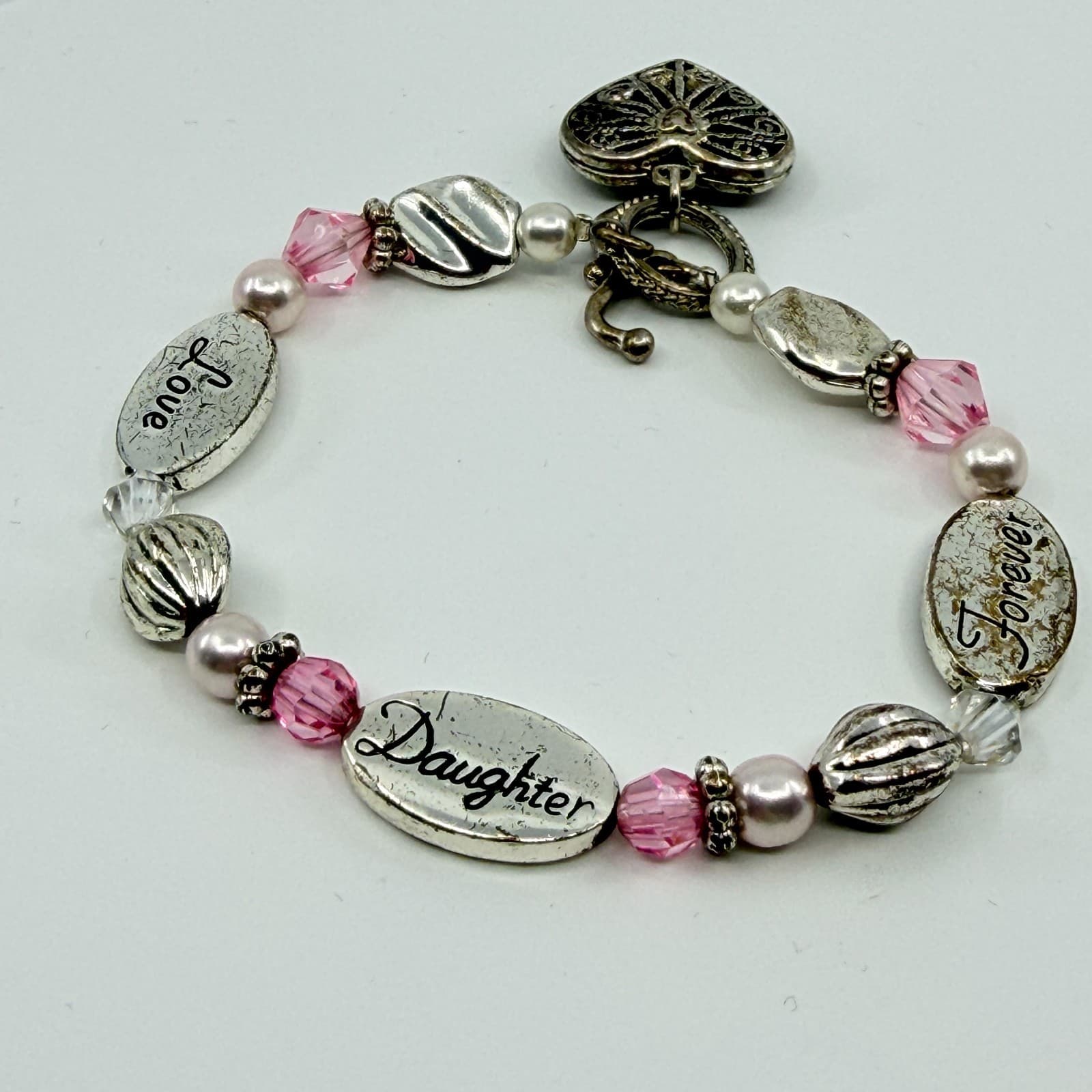 Vintage Silver Tone Daughter Love Forever Charm Bracelet Pink Crystal Beaded 90s - Thumbnail 6
